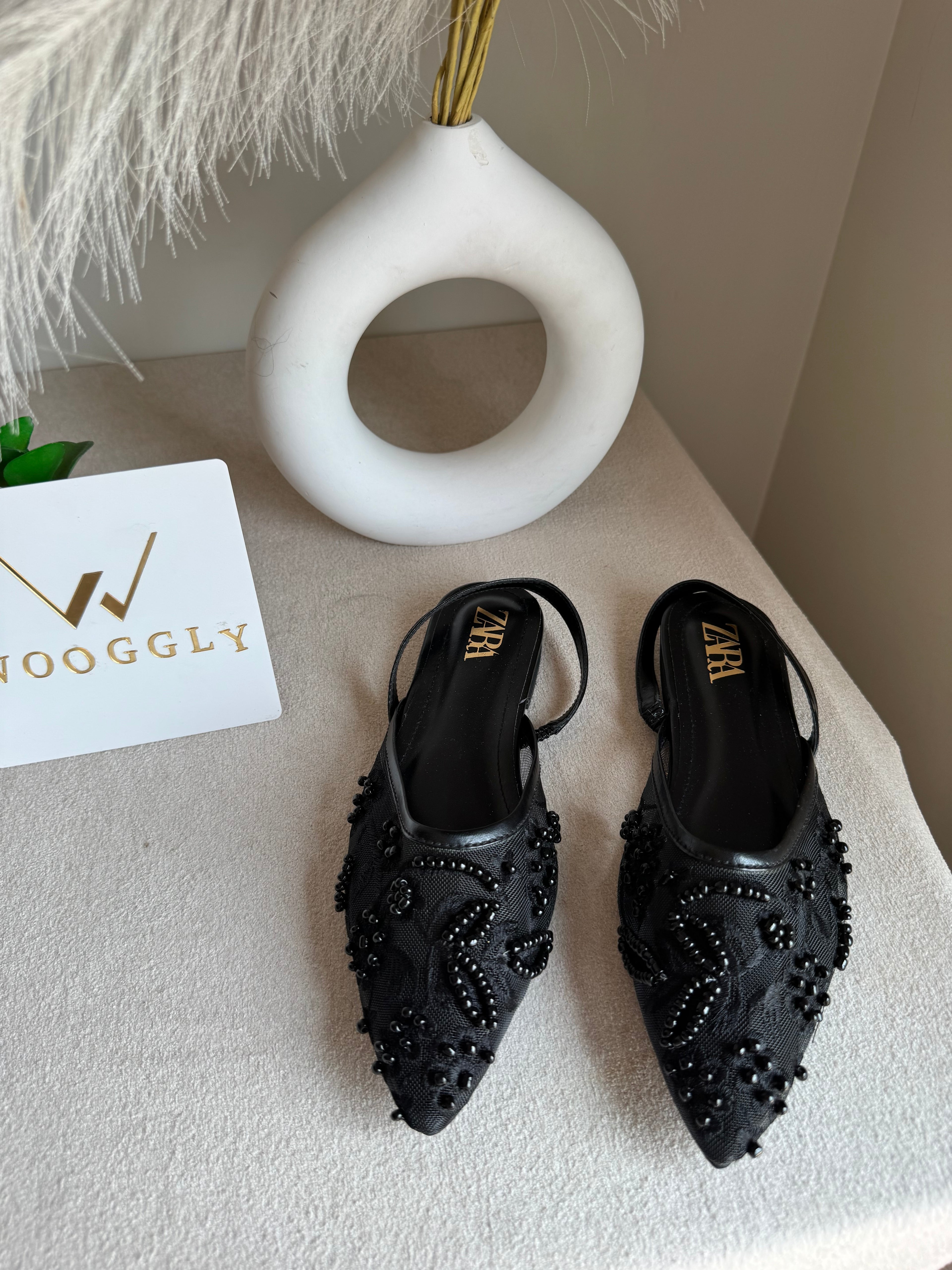 Zara Embroidered Mesh Slingback Flats  - Black