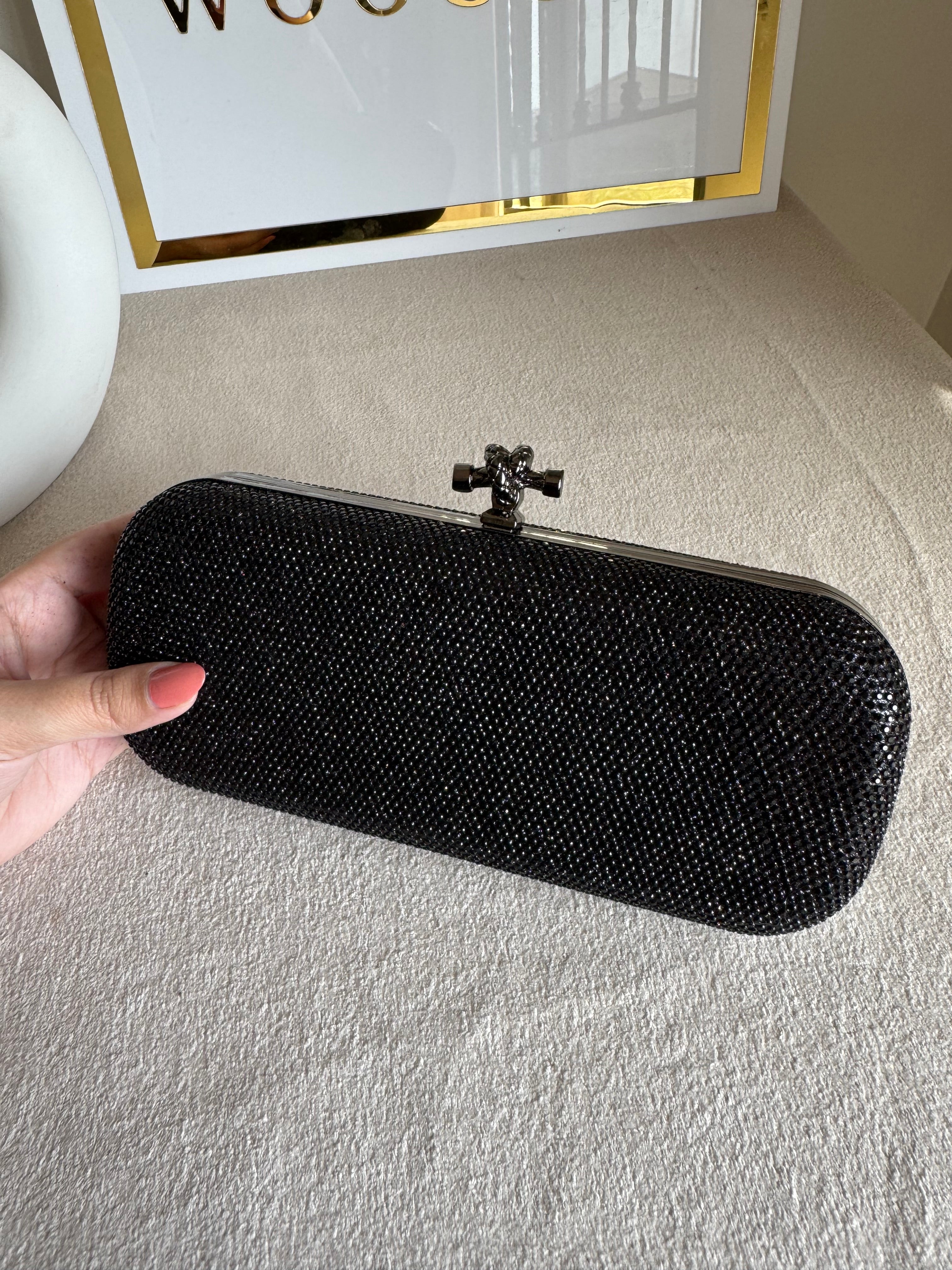 Bottega Shimmer Clutch Matte Top - Black with Chain