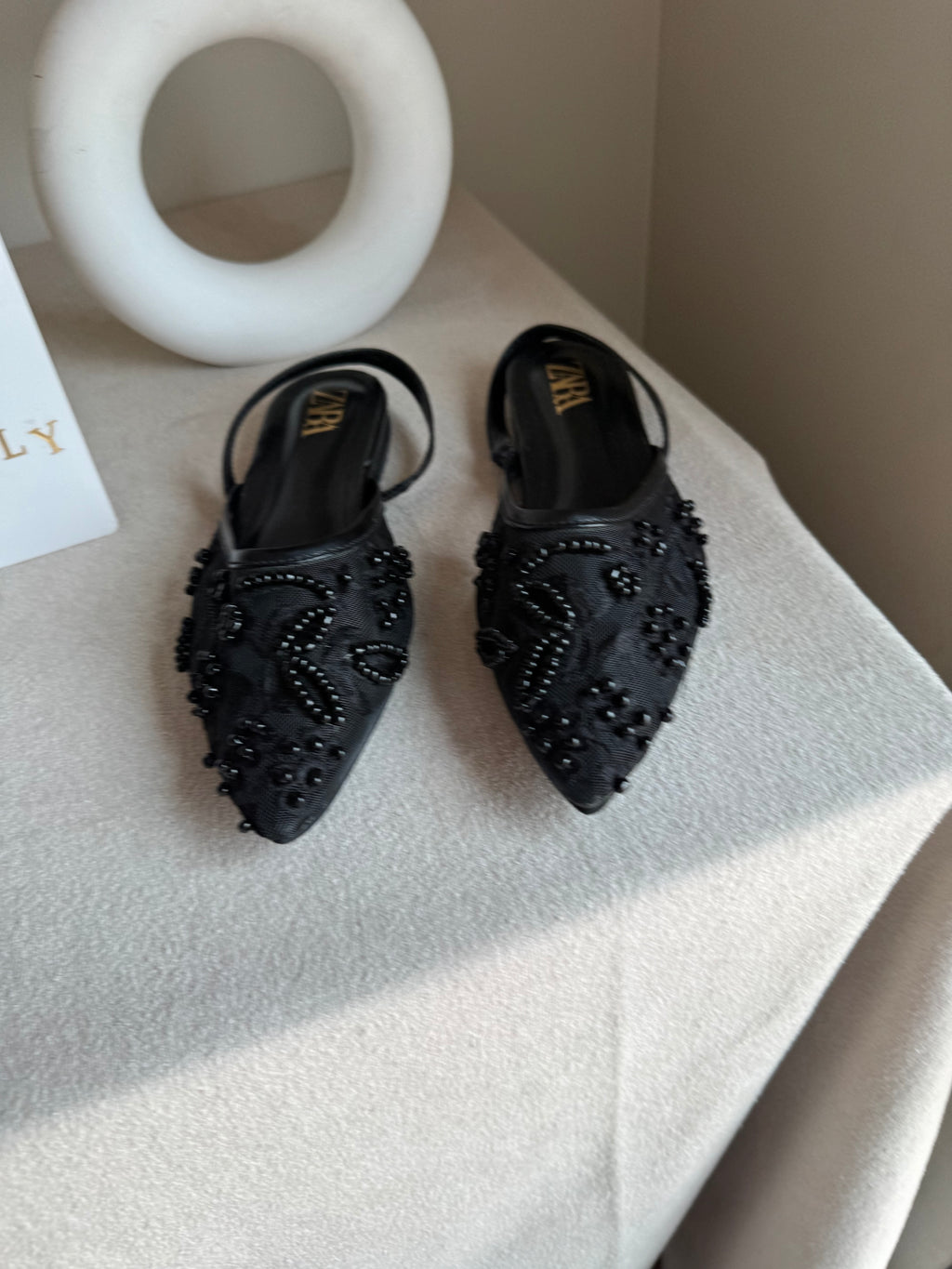 Zara Embroidered Mesh Slingback Flats  - Black
