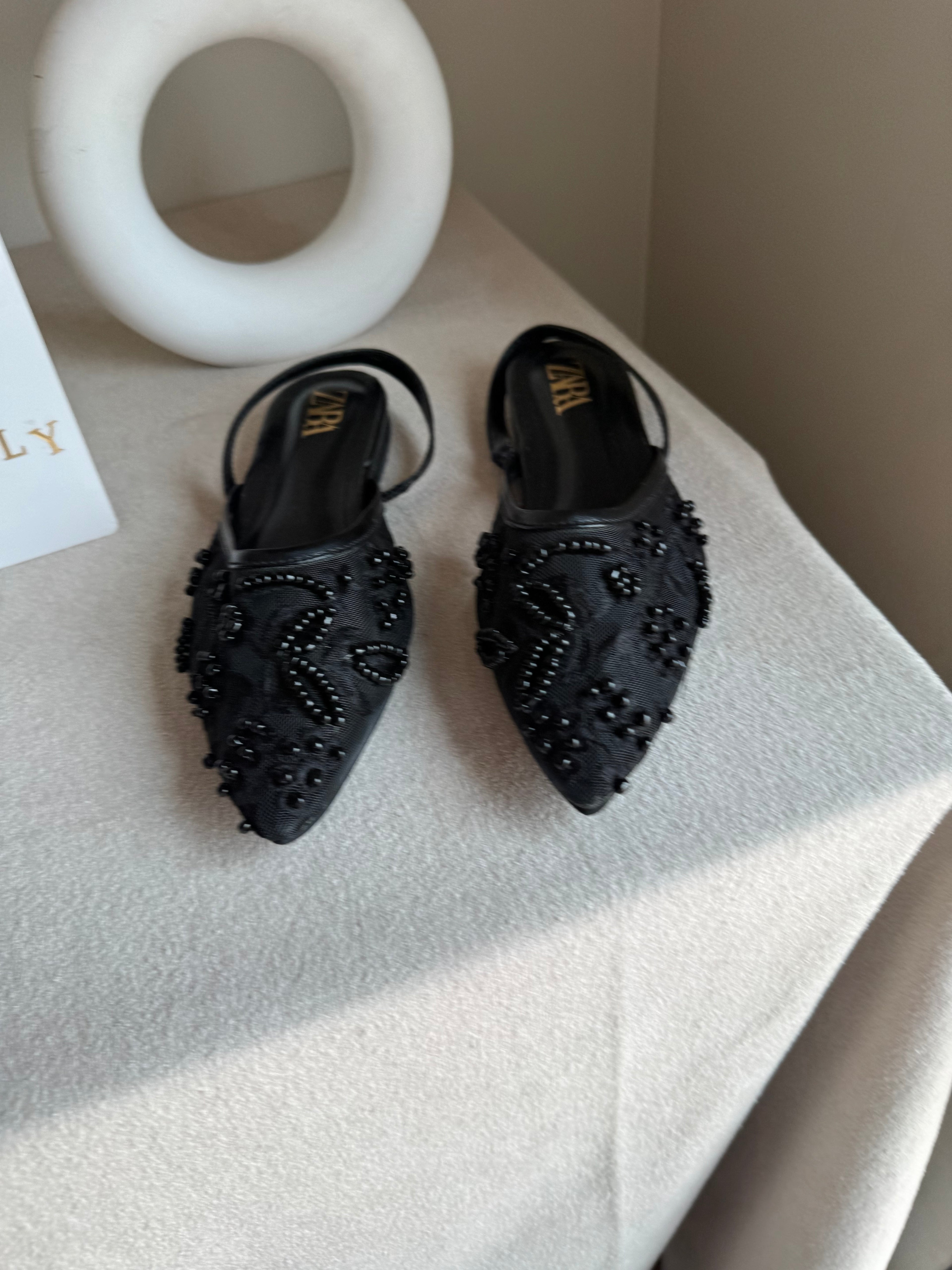Zara Embroidered Mesh Slingback Flats  - Black