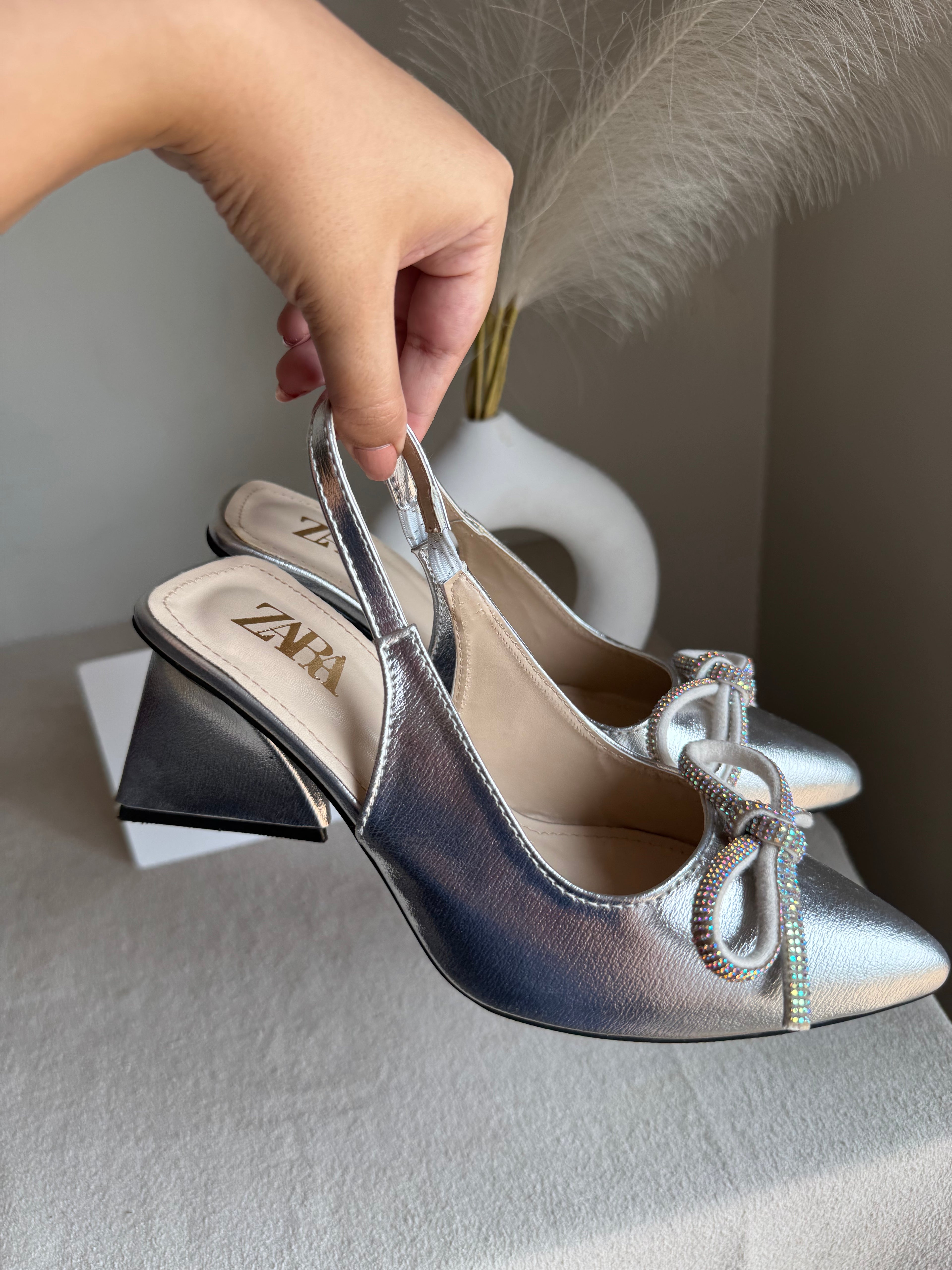 Zara Statement Bow Heels - Silver