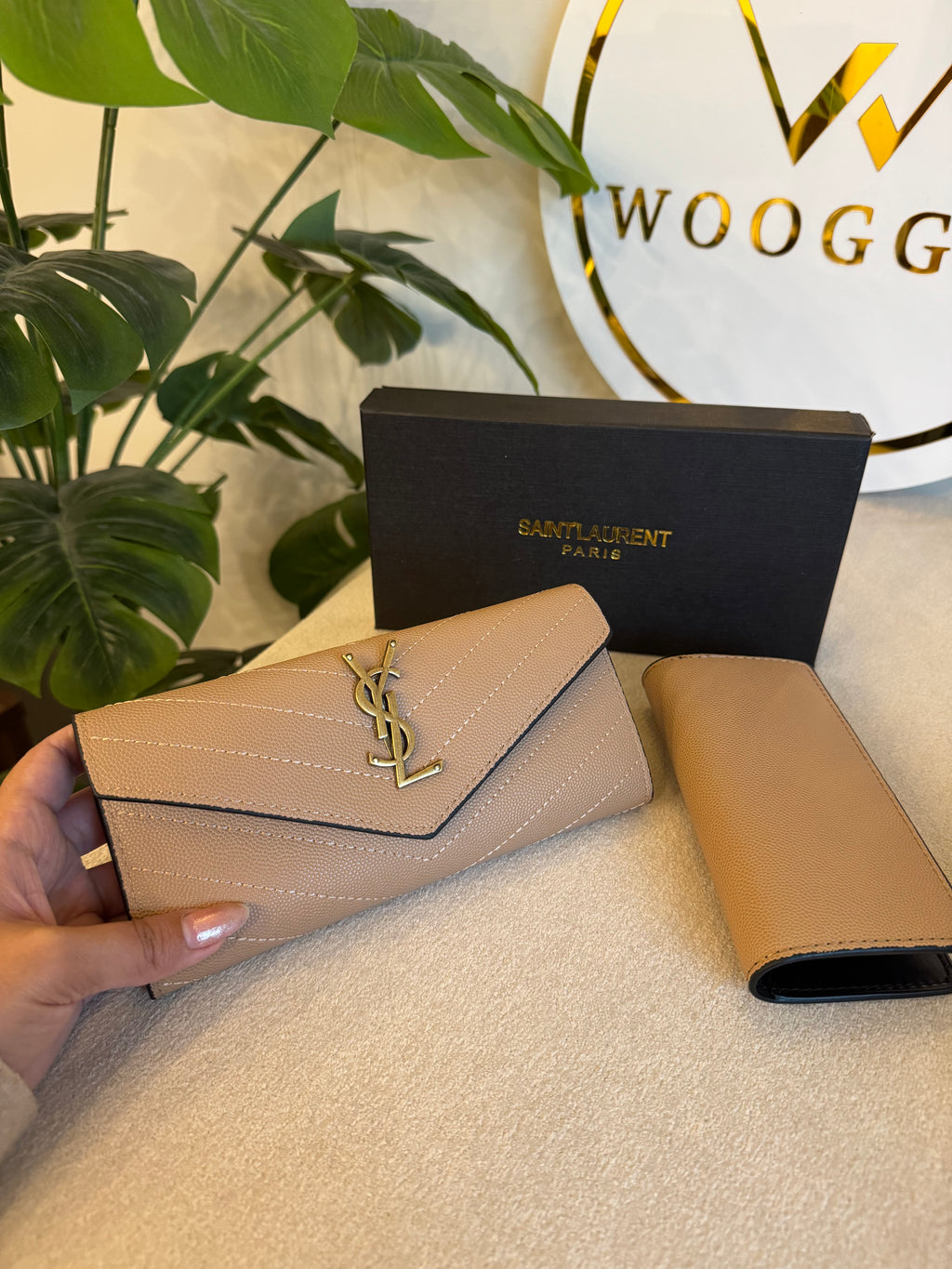 YSL Wallet with Card Holder Set (Beige) - Box Packing