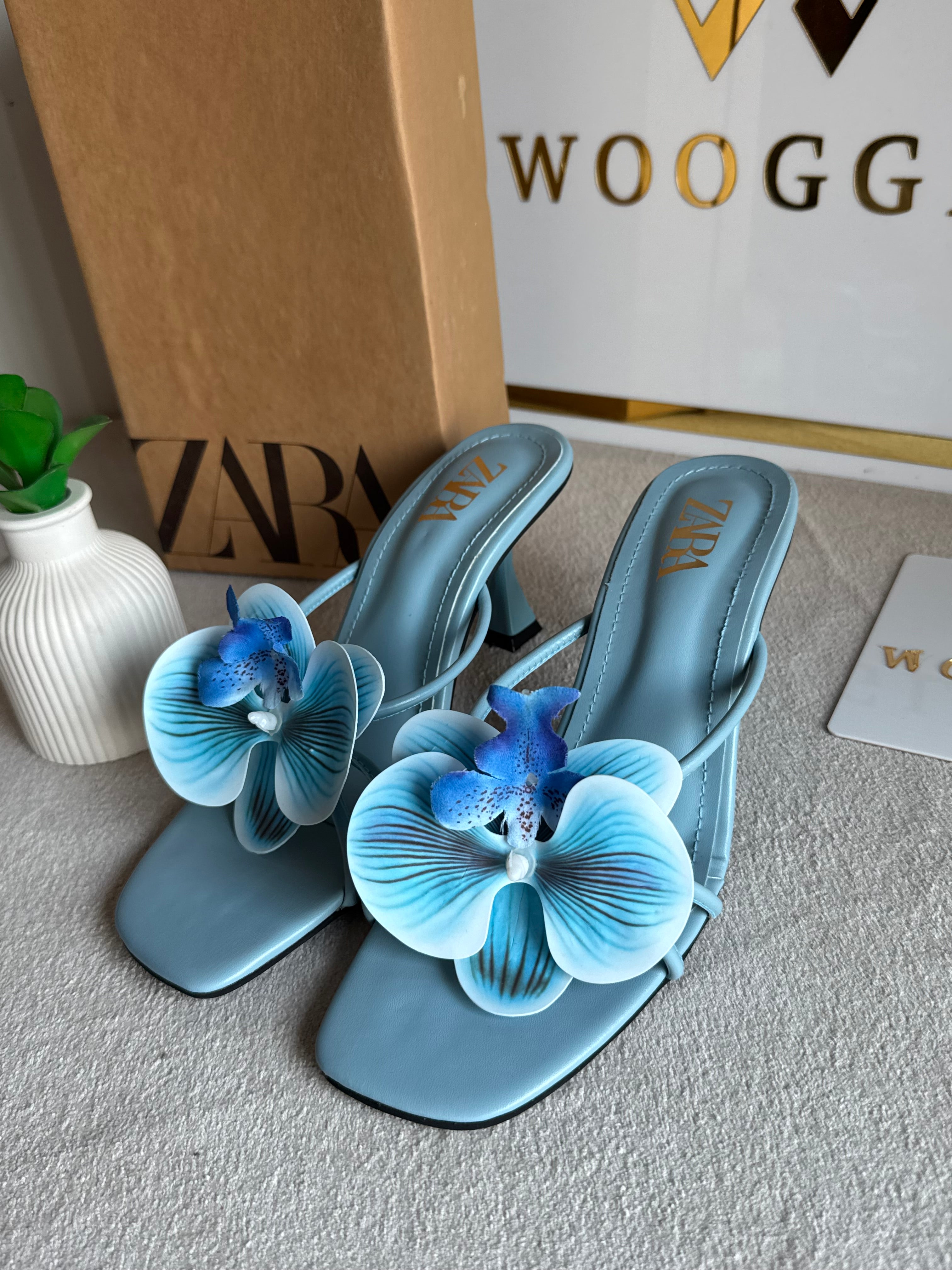 Zara Flower Heels BABY BLUE- with Brand Box