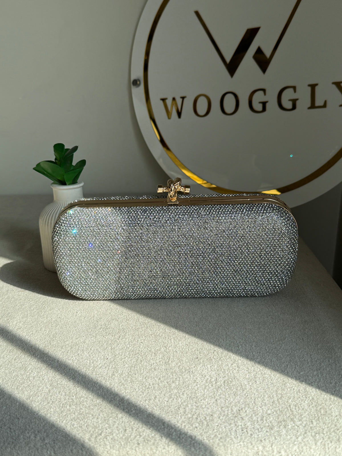 Bottega Shimmer Clutch - Silver with Chain