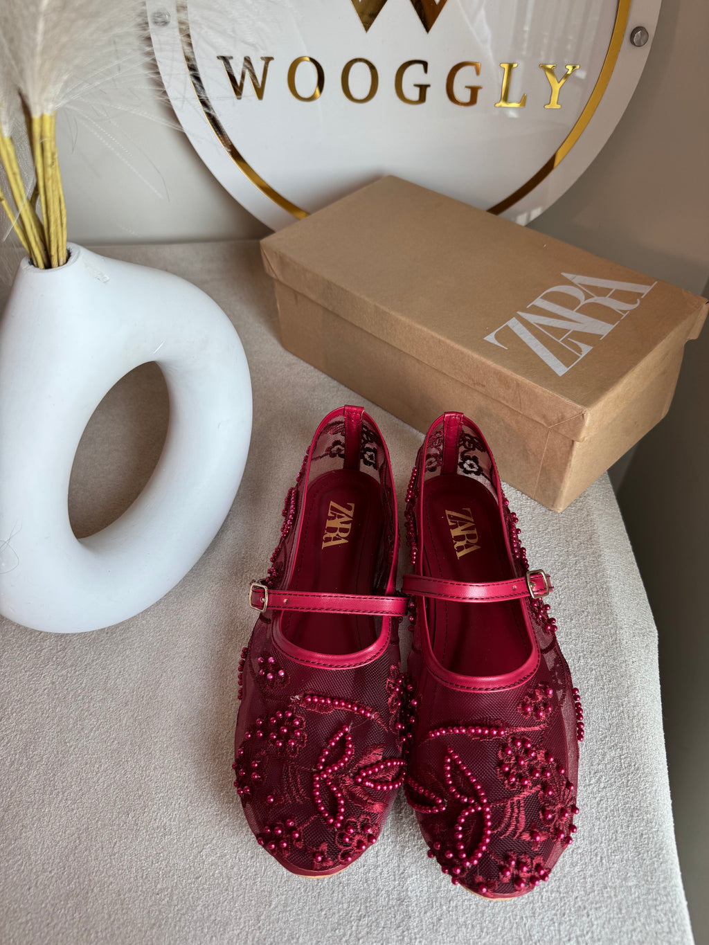 Zara Embroided Net Pumps - Maroon