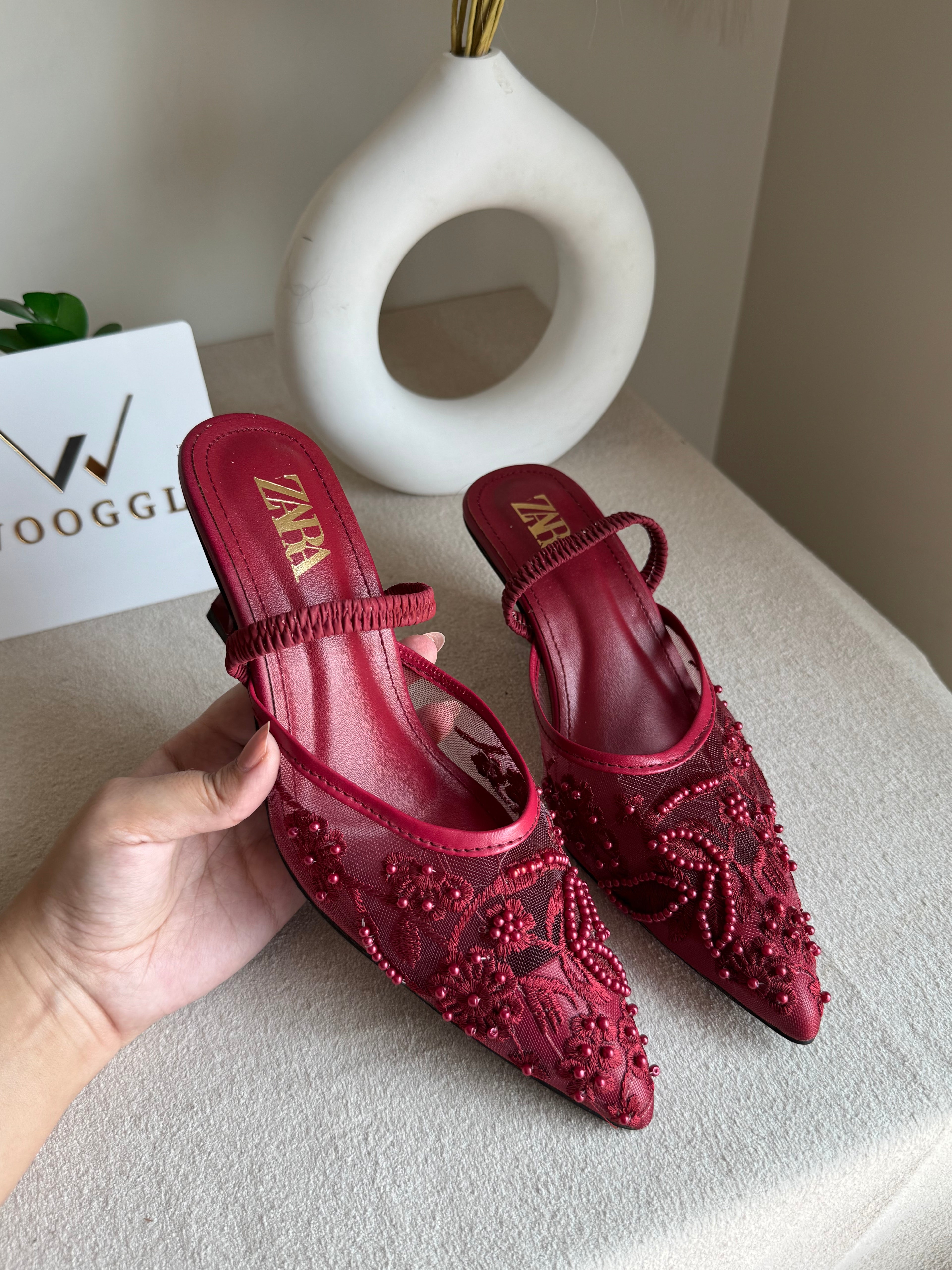 Zara Embroidered Net Heels - Maroon