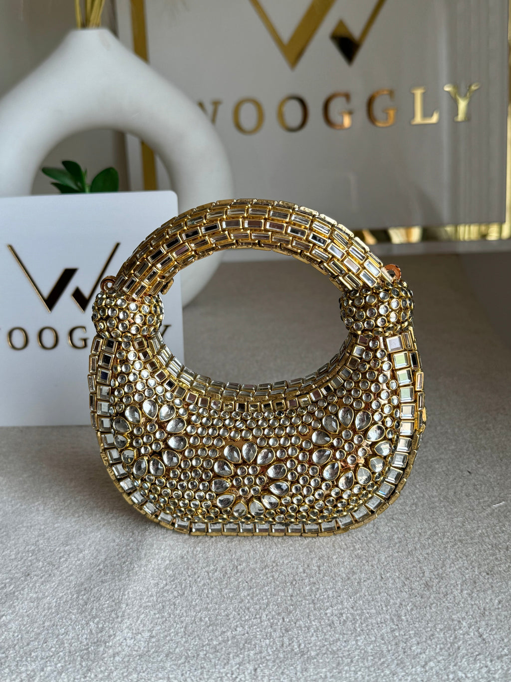 Kundan Classic Moon Clutch DESIGN 2 - Gold with Chain