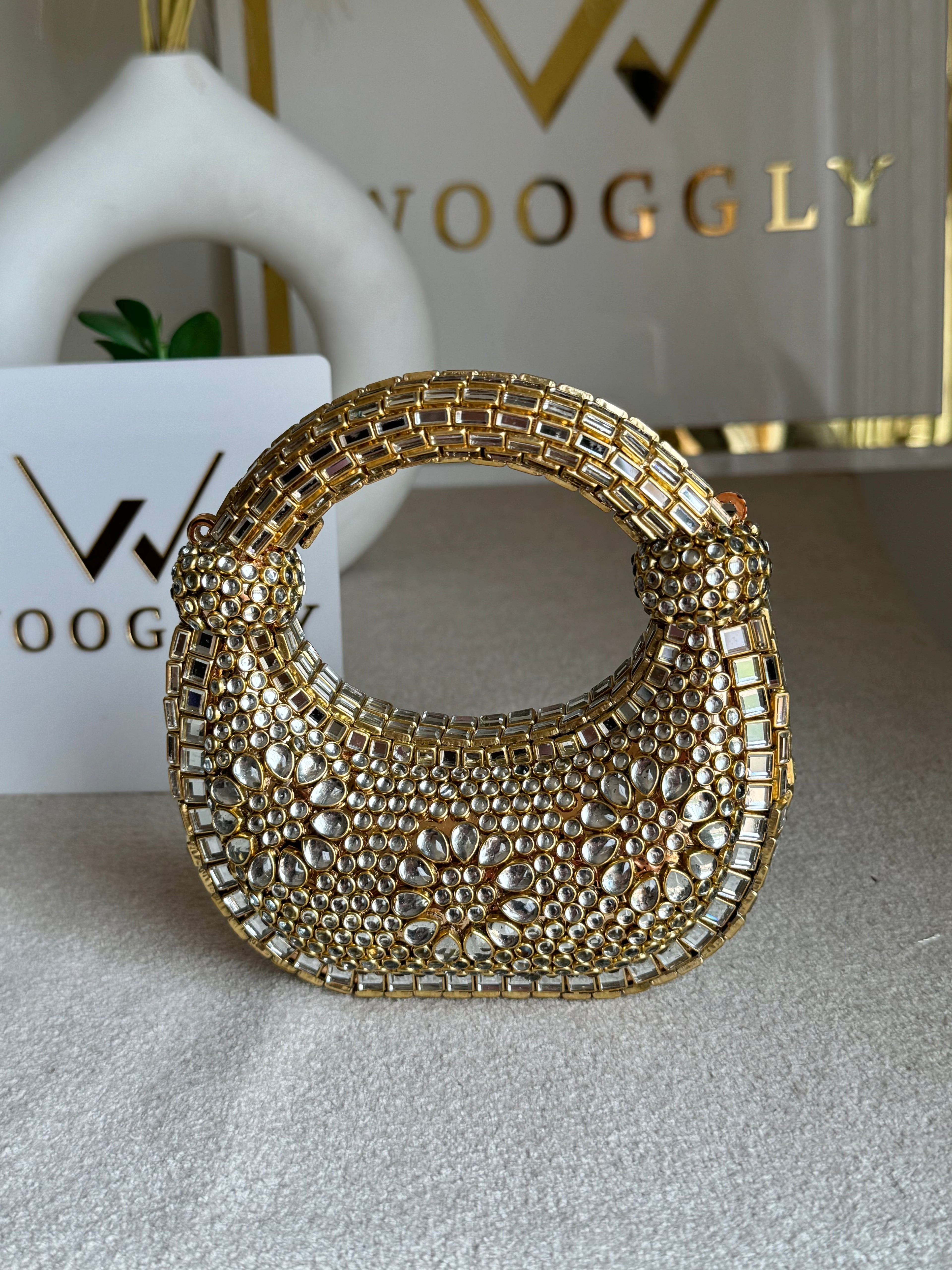 Kundan Classic Moon Clutch DESIGN 2 - Gold with Chain