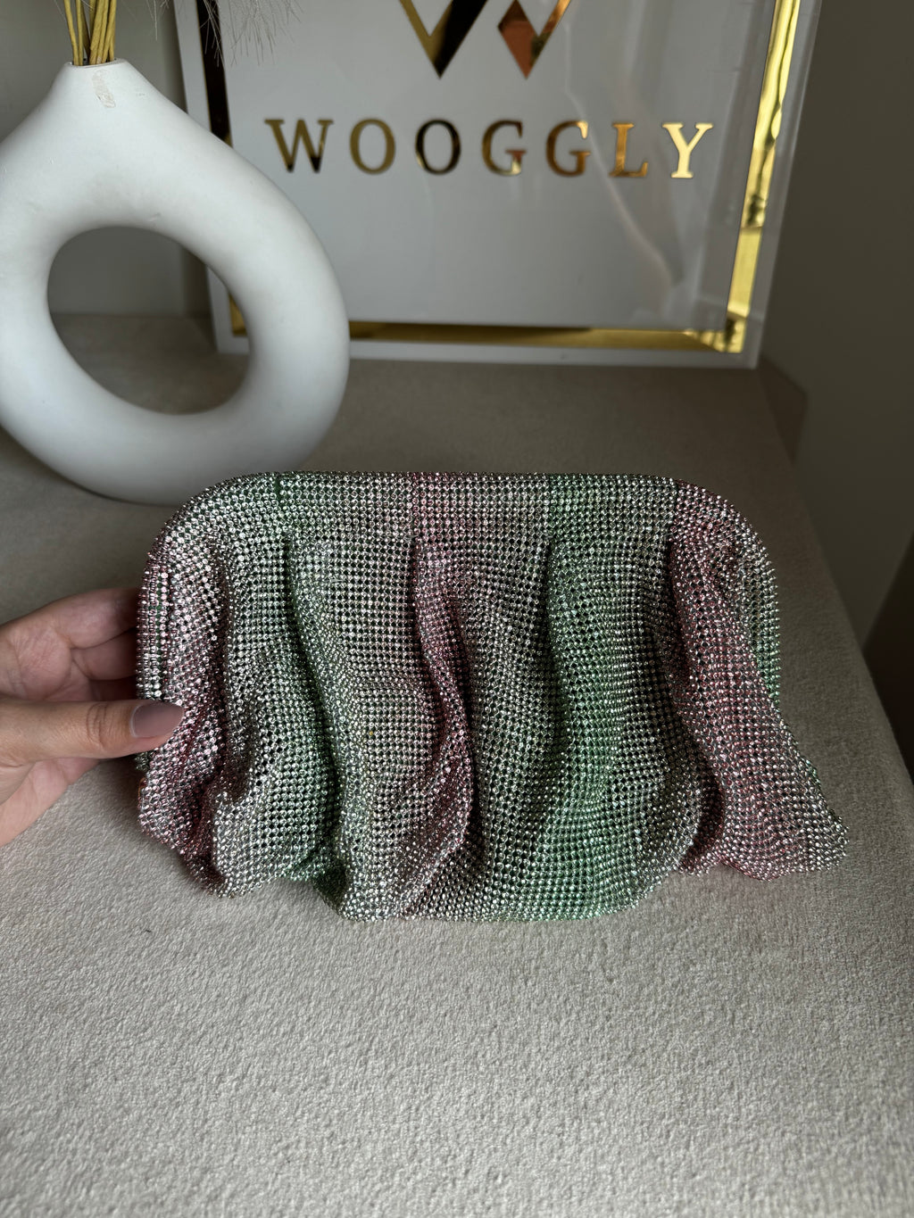 Viral High Quality Rhinestone Clutch with Chain - Pink Emerald Glimmer