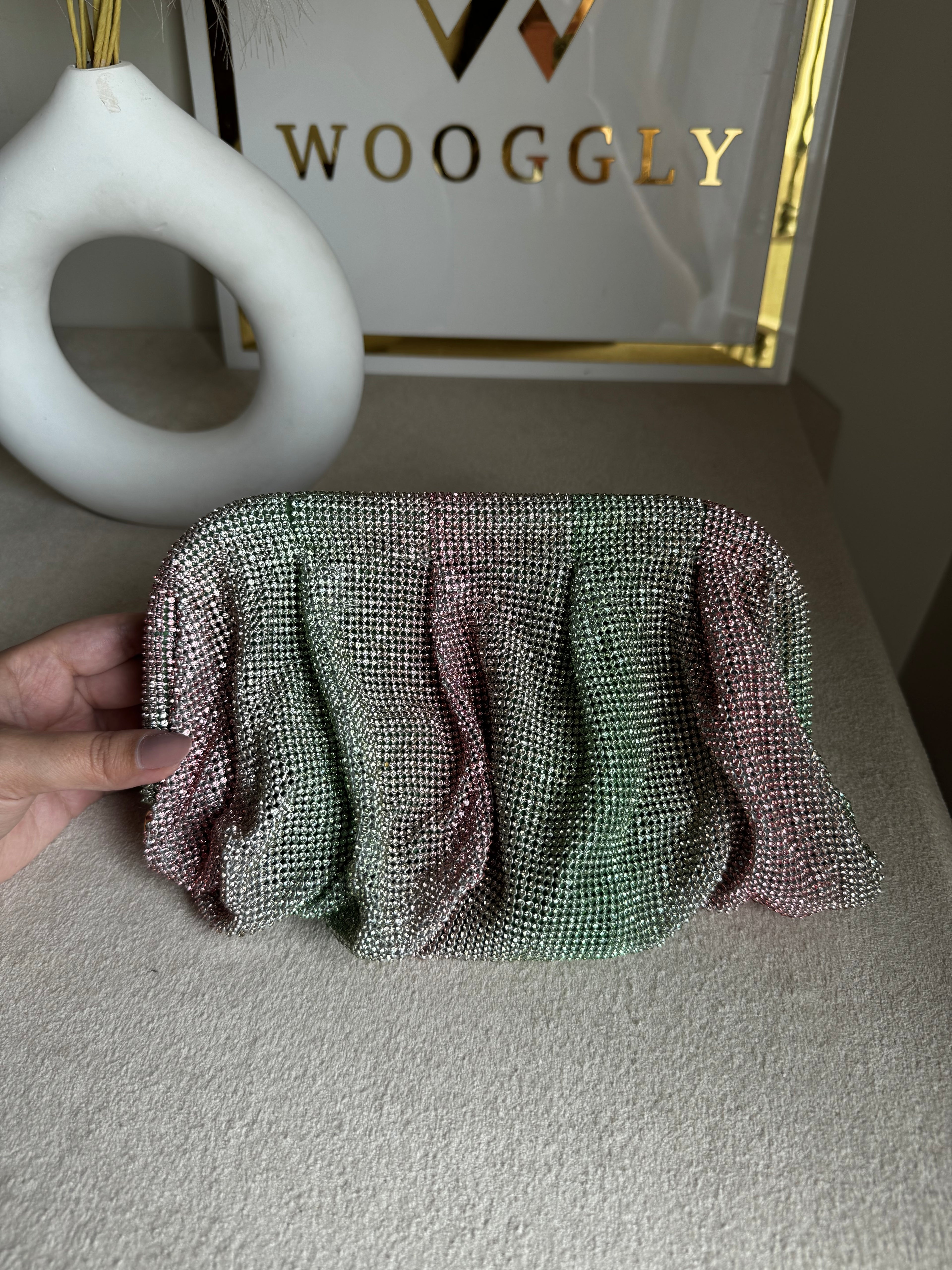 Viral High Quality Rhinestone Clutch with Chain - Pink Emerald Glimmer