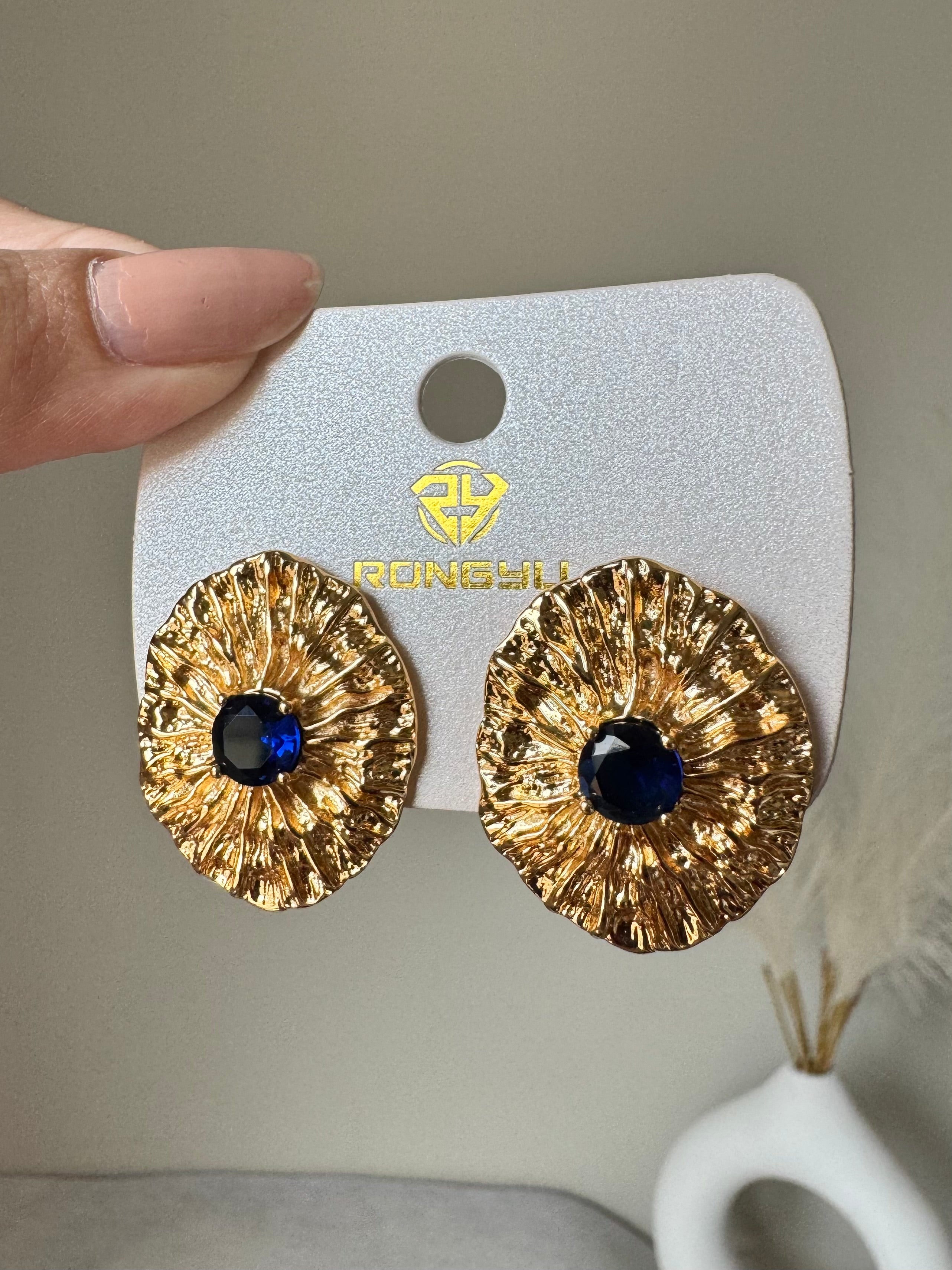 Deep Blue Bloom Earrings - 18K Gold Plated