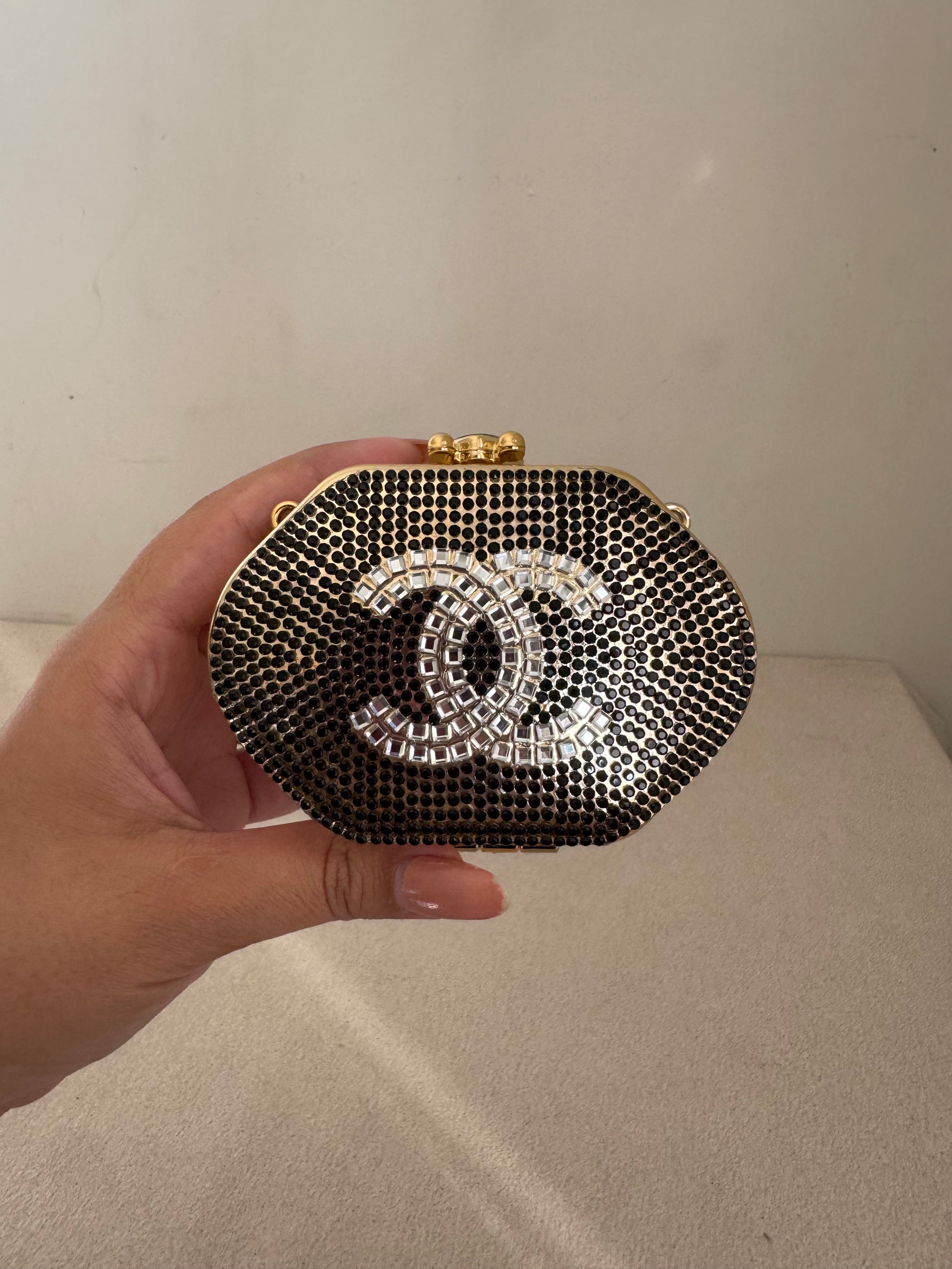 Mini Chanel Embellished Clutch with Chain - Black & Gold