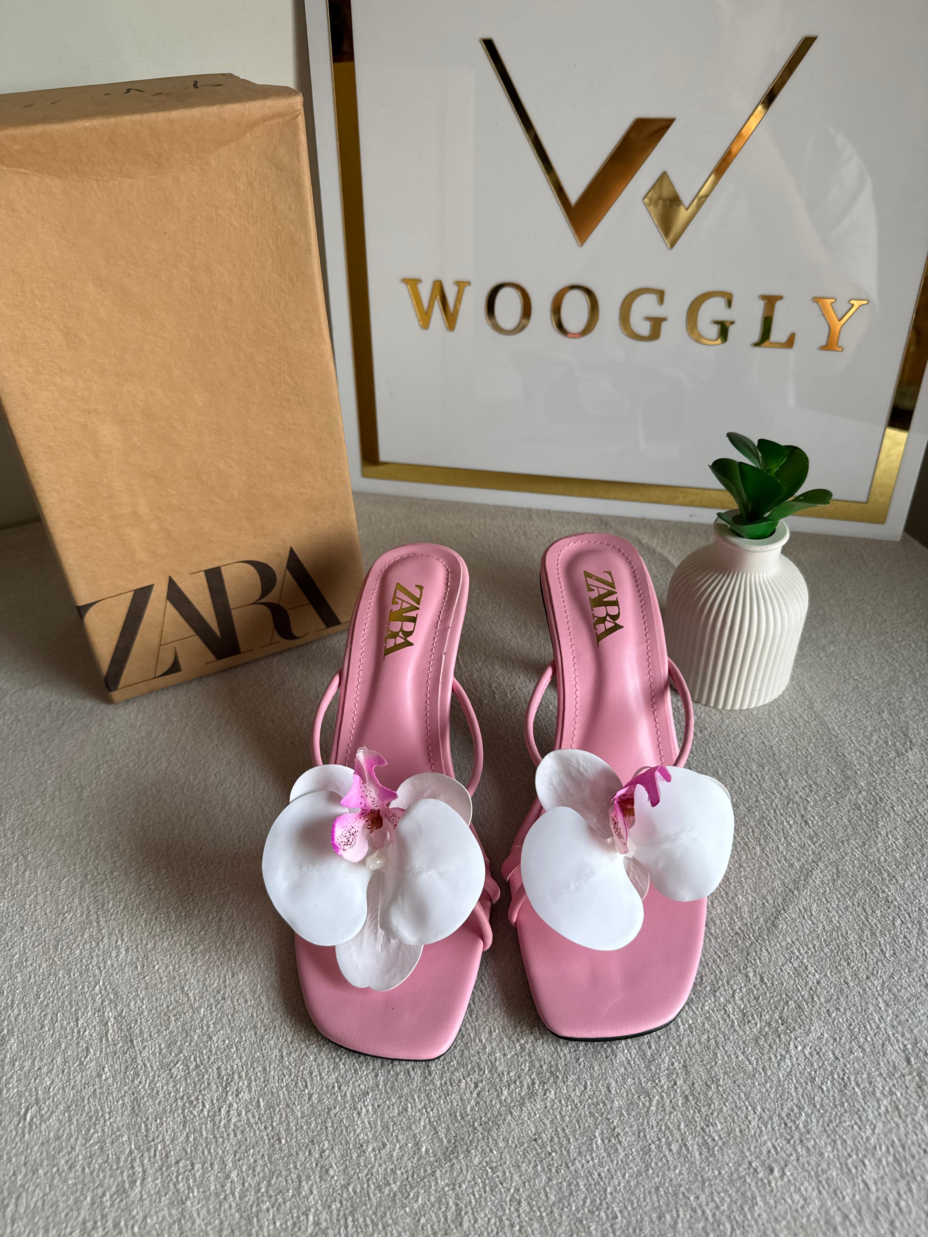 Zara Flower Heels BABY PINK - with Brand Box