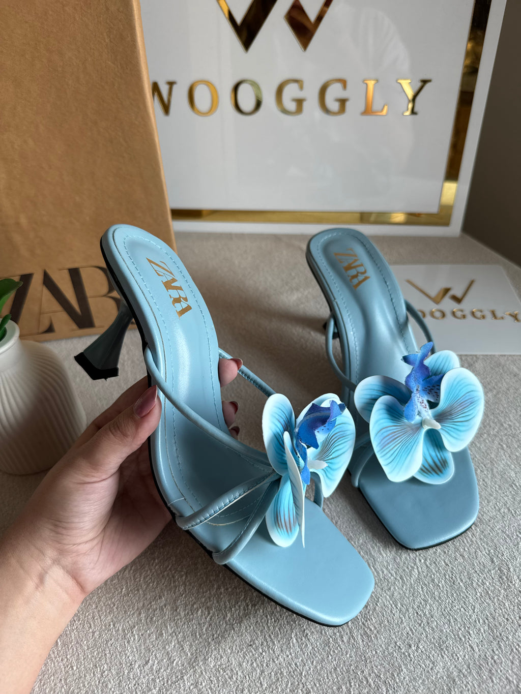 Zara Flower Heels BABY BLUE- with Brand Box