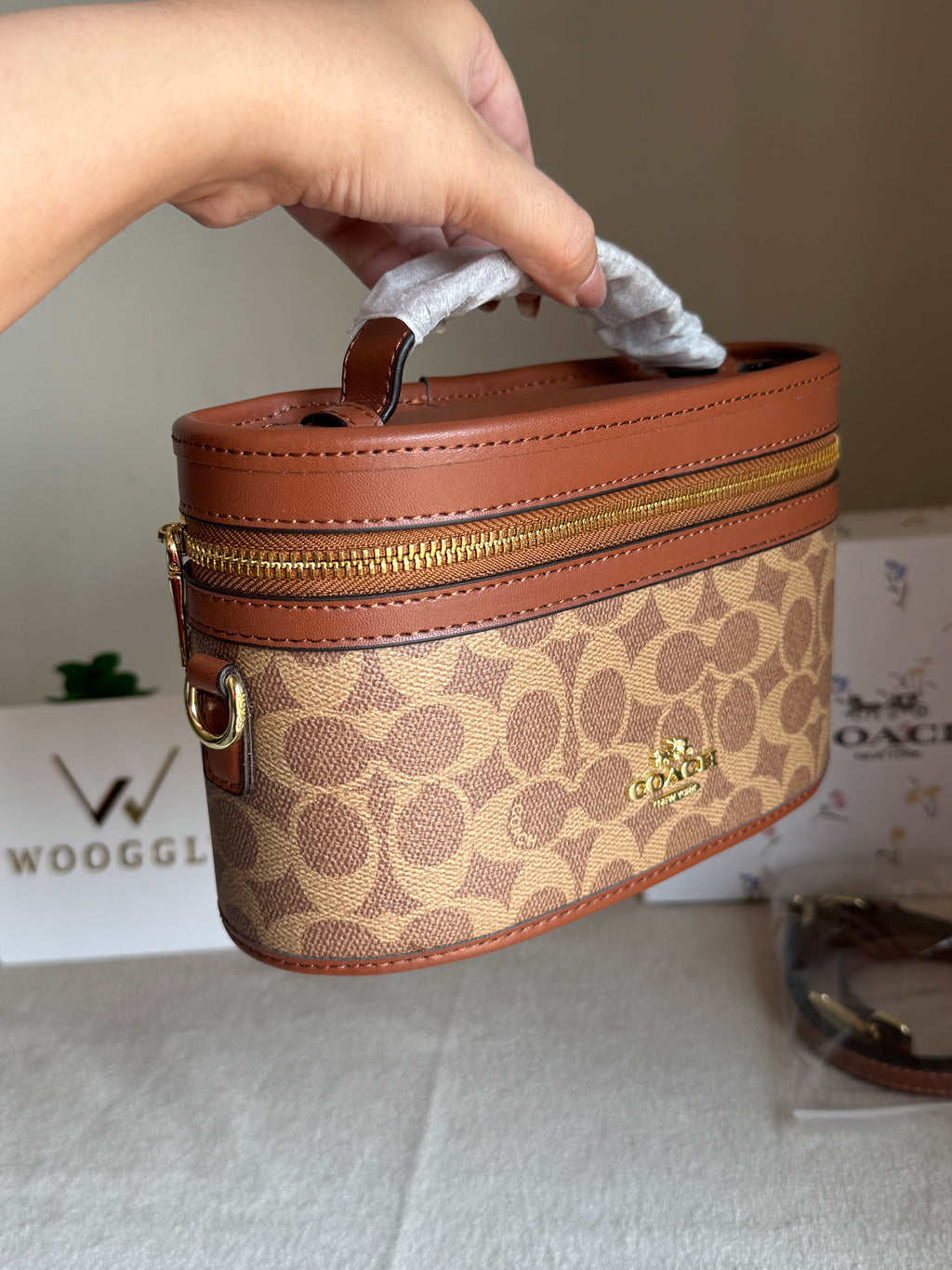 COACH Premium Bucket Bag (Apricot Brown) with Long Strap - BOX PACKING