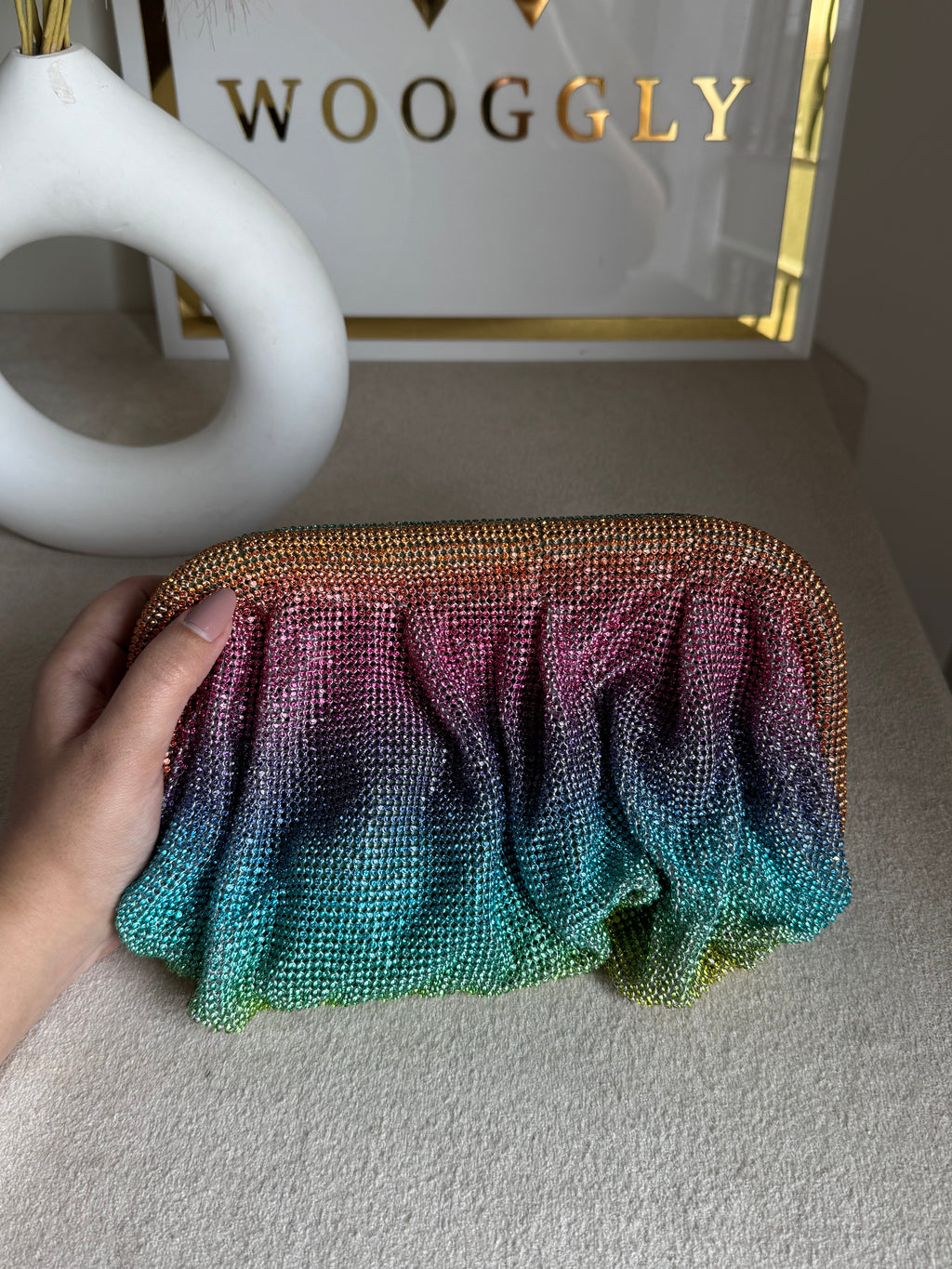 Viral High Quality Rhinestone Clutch with Chain - Rainbow Ombre