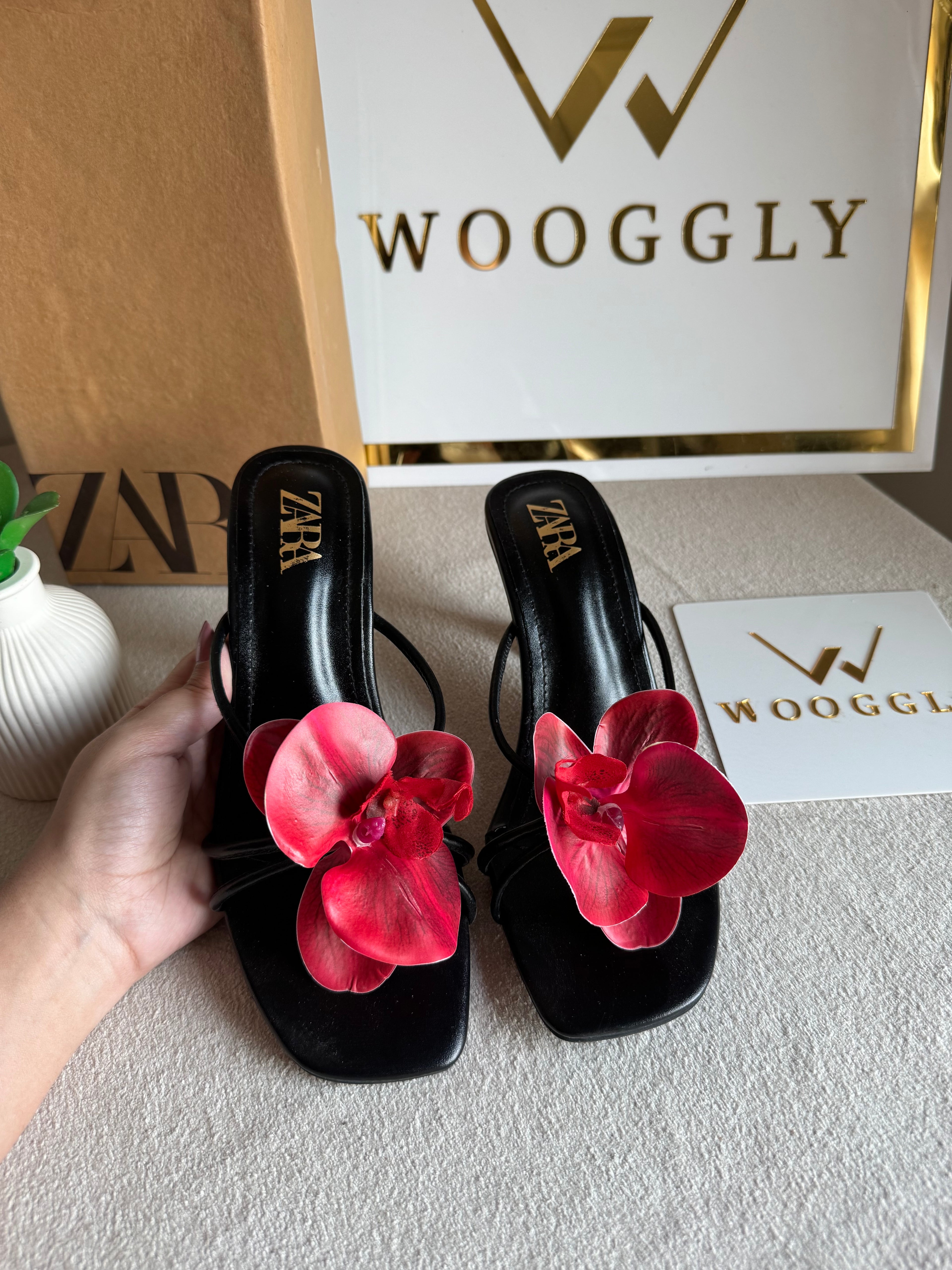 Zara Flower Heels BLACK WITH RED with Brand Box