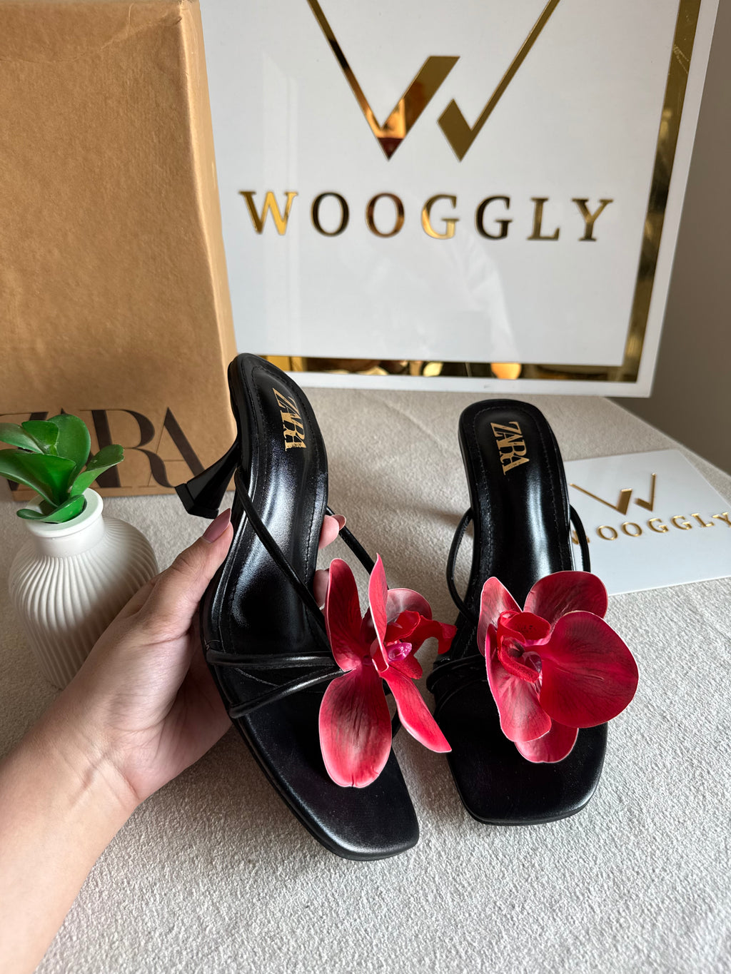 Zara Flower Heels BLACK WITH RED with Brand Box