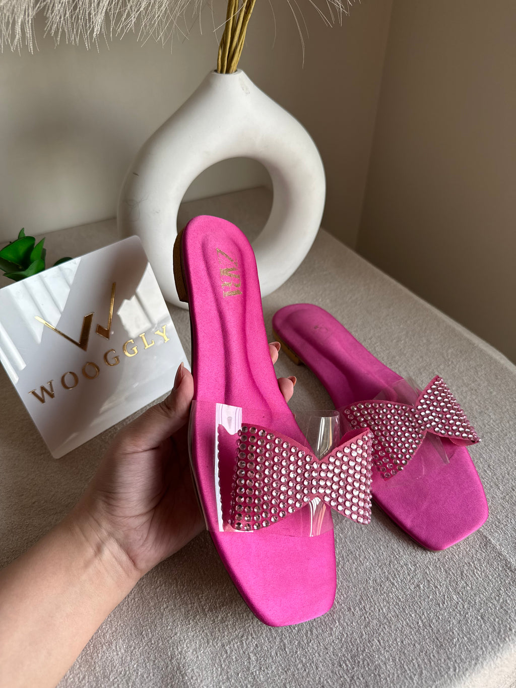 Zara Glitter Bow Slides - Hot Pink