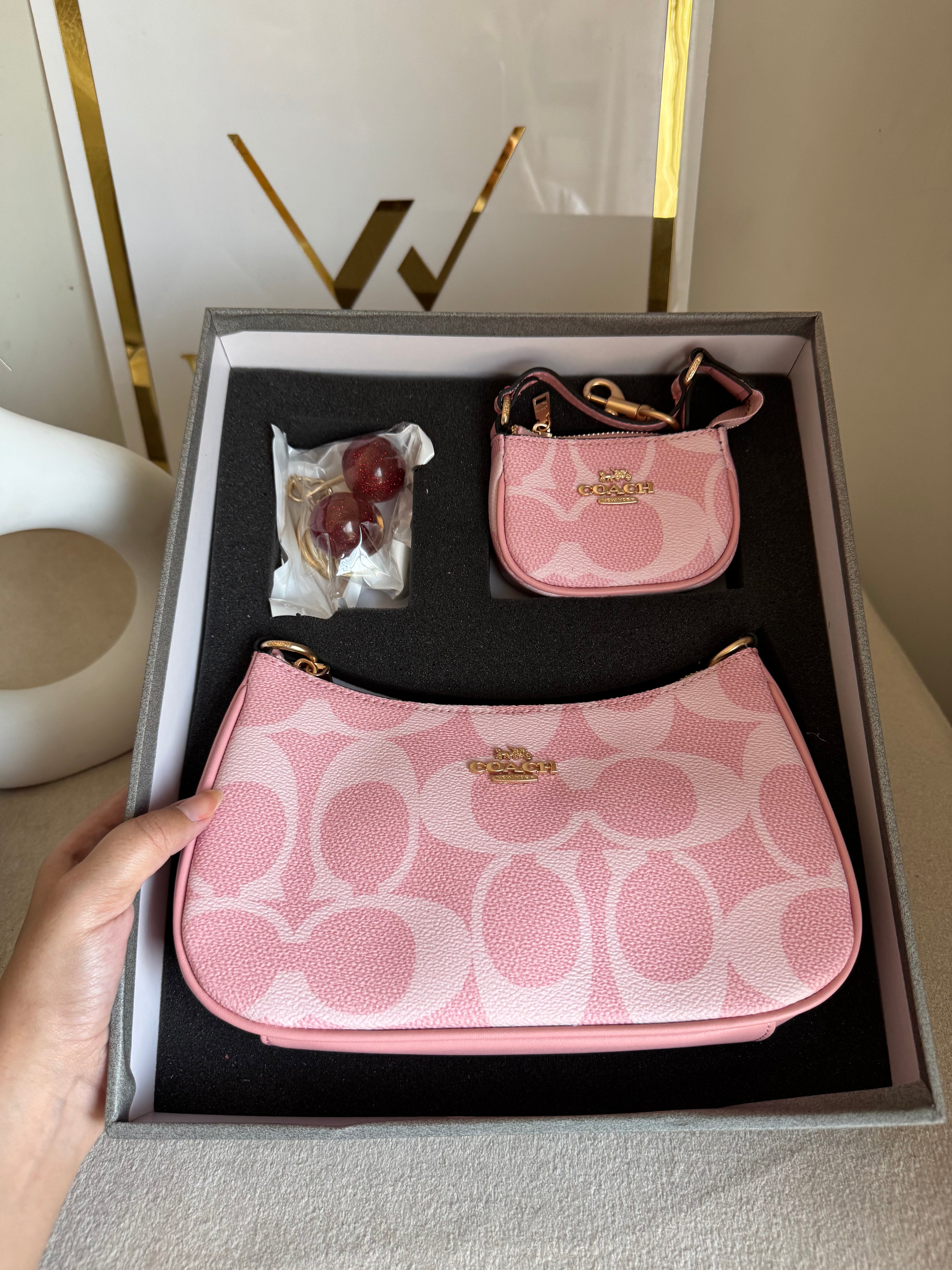 COACH Teri Gift Box with Baby Teri Charm & Coach Cherry Charm - PINK