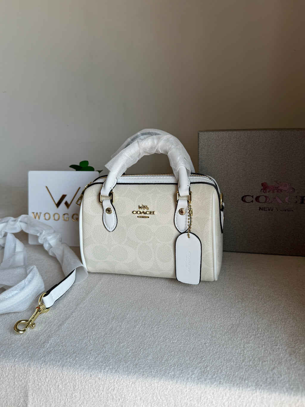 COACH Mini Duffle Bag PREMIUM with Long Strap Signature White - BOX PACKING