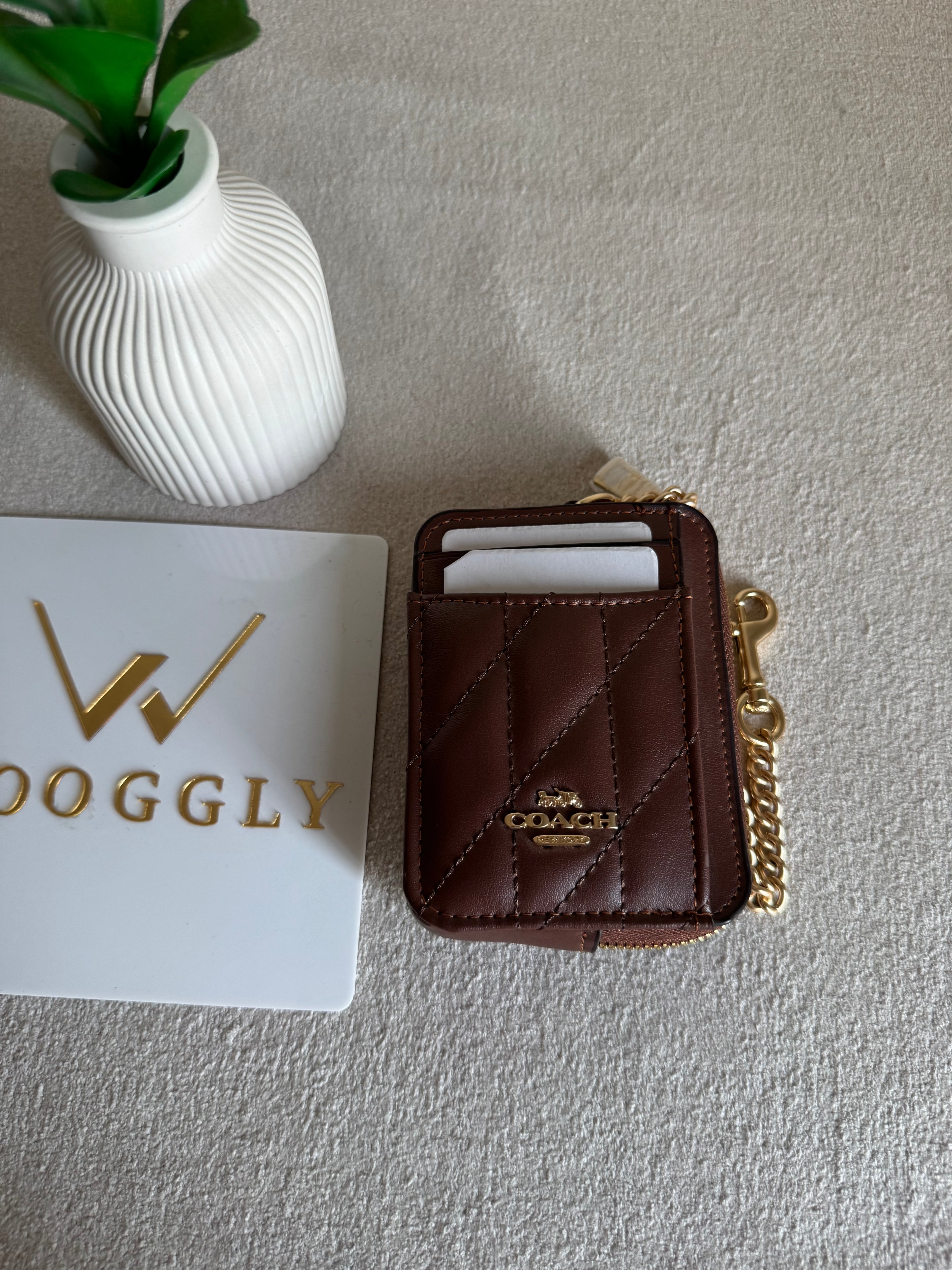 Coach Zip Card Case with Box Packing - Patterned Brown
