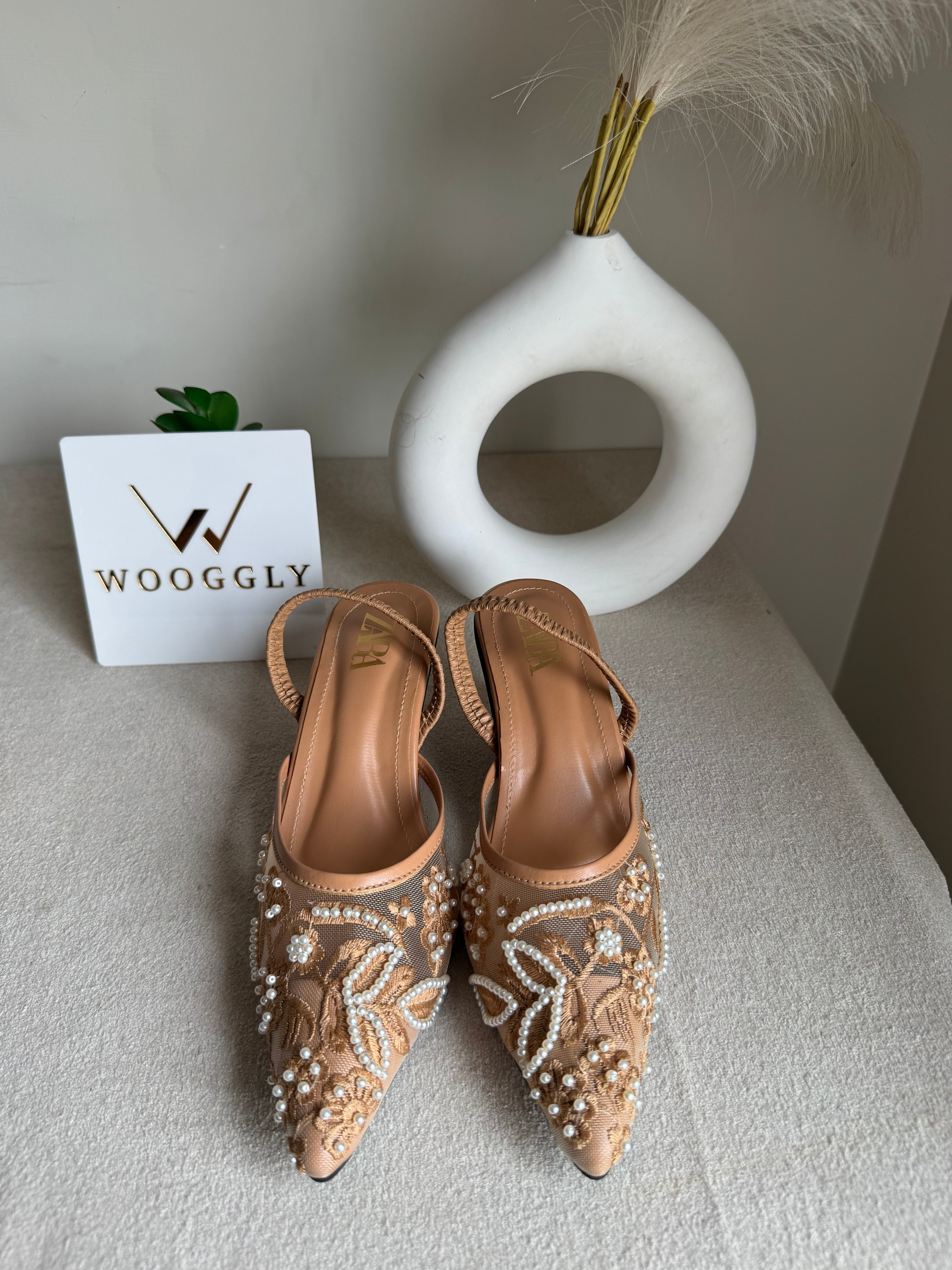 Zara Embroidered Net Heels - Beige