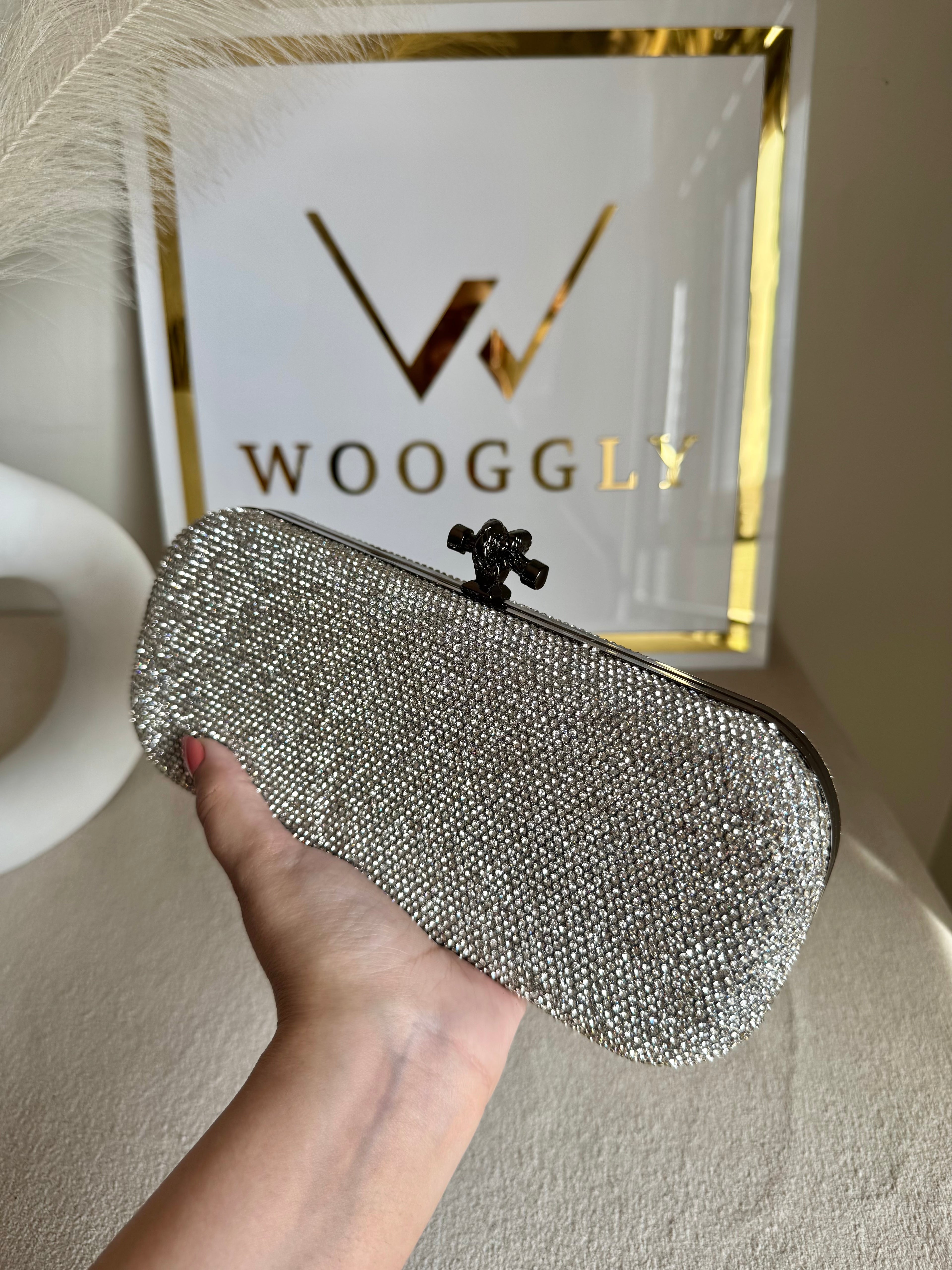 Bottega Shimmer Clutch Matte Top - Silver with Chain