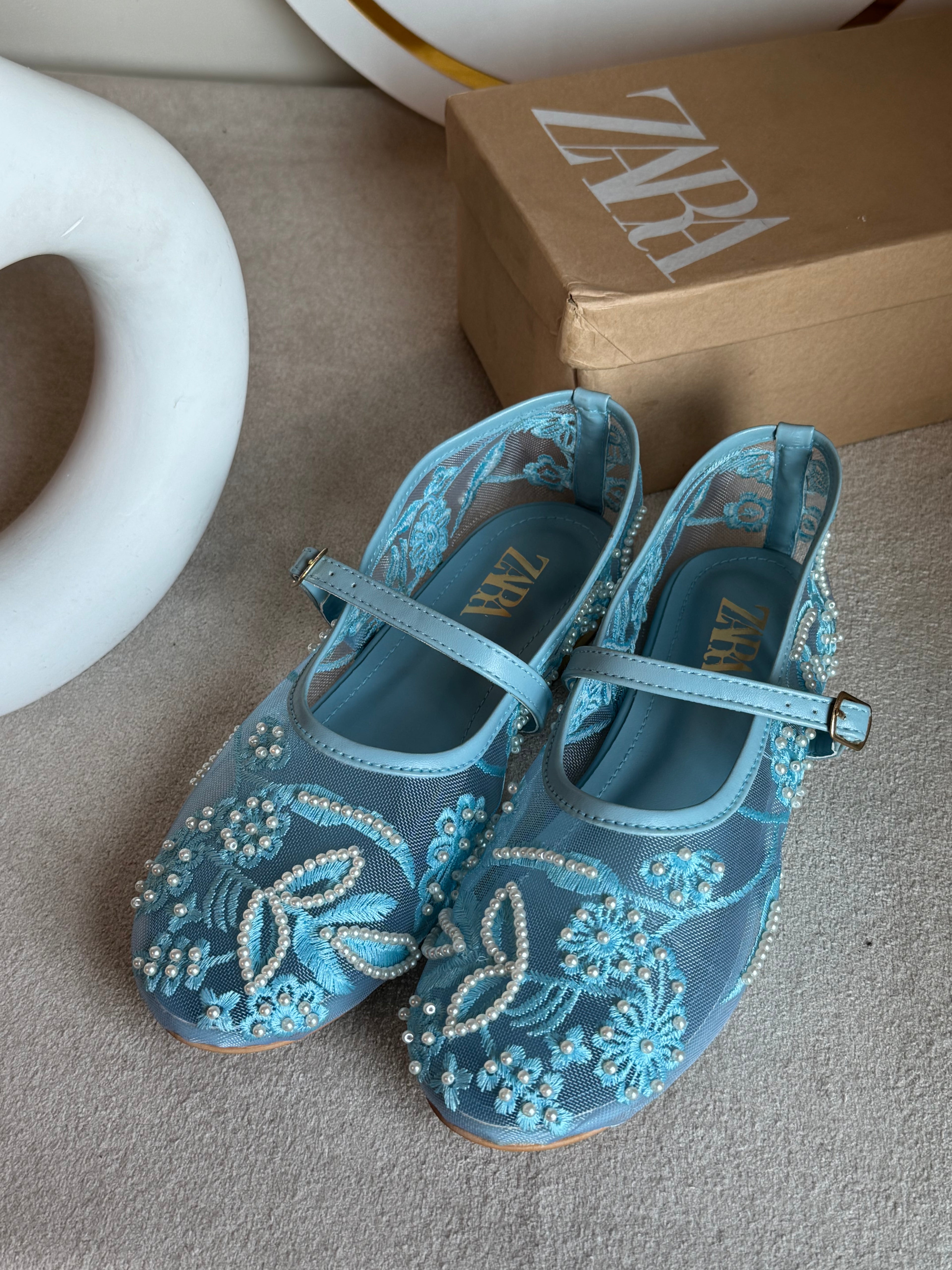 Zara Embroided Net Pumps - Baby Blue
