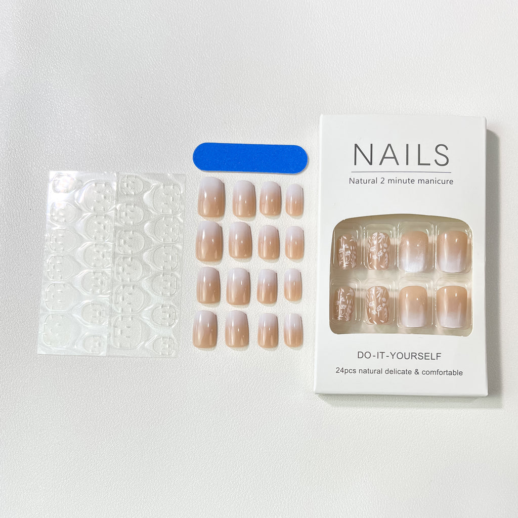 Nude & White Press On Nails - 24 Pieces Complete Kit