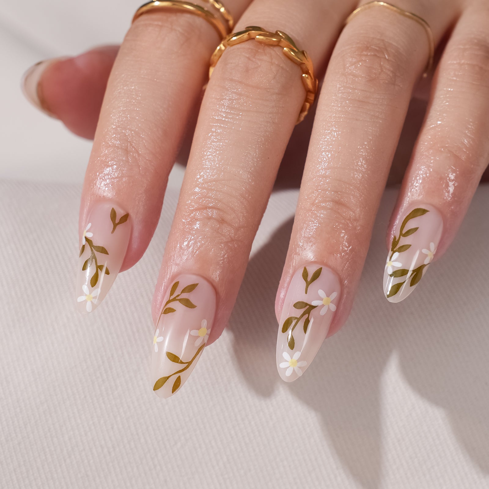 Floral Almond Press On Nails - 24 Pieces Complete Kit