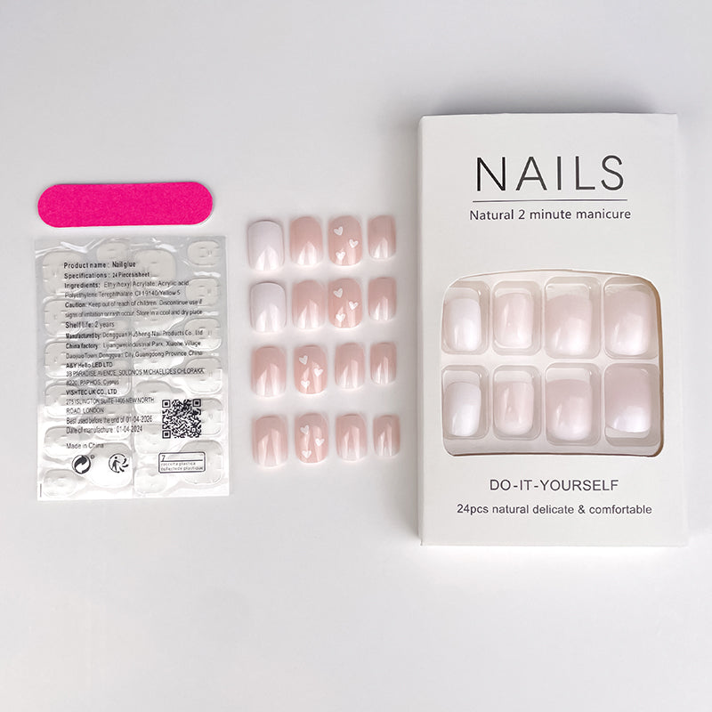 Square White & Pink Press On Nails - 24 Pieces Complete Kit
