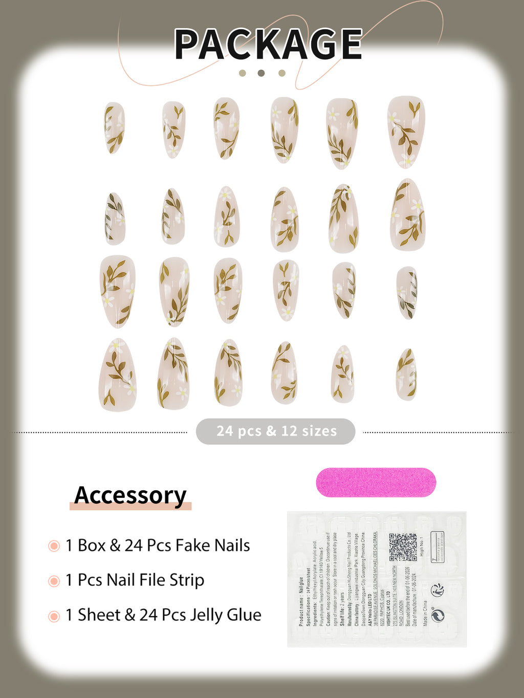 Floral Almond Press On Nails - 24 Pieces Complete Kit