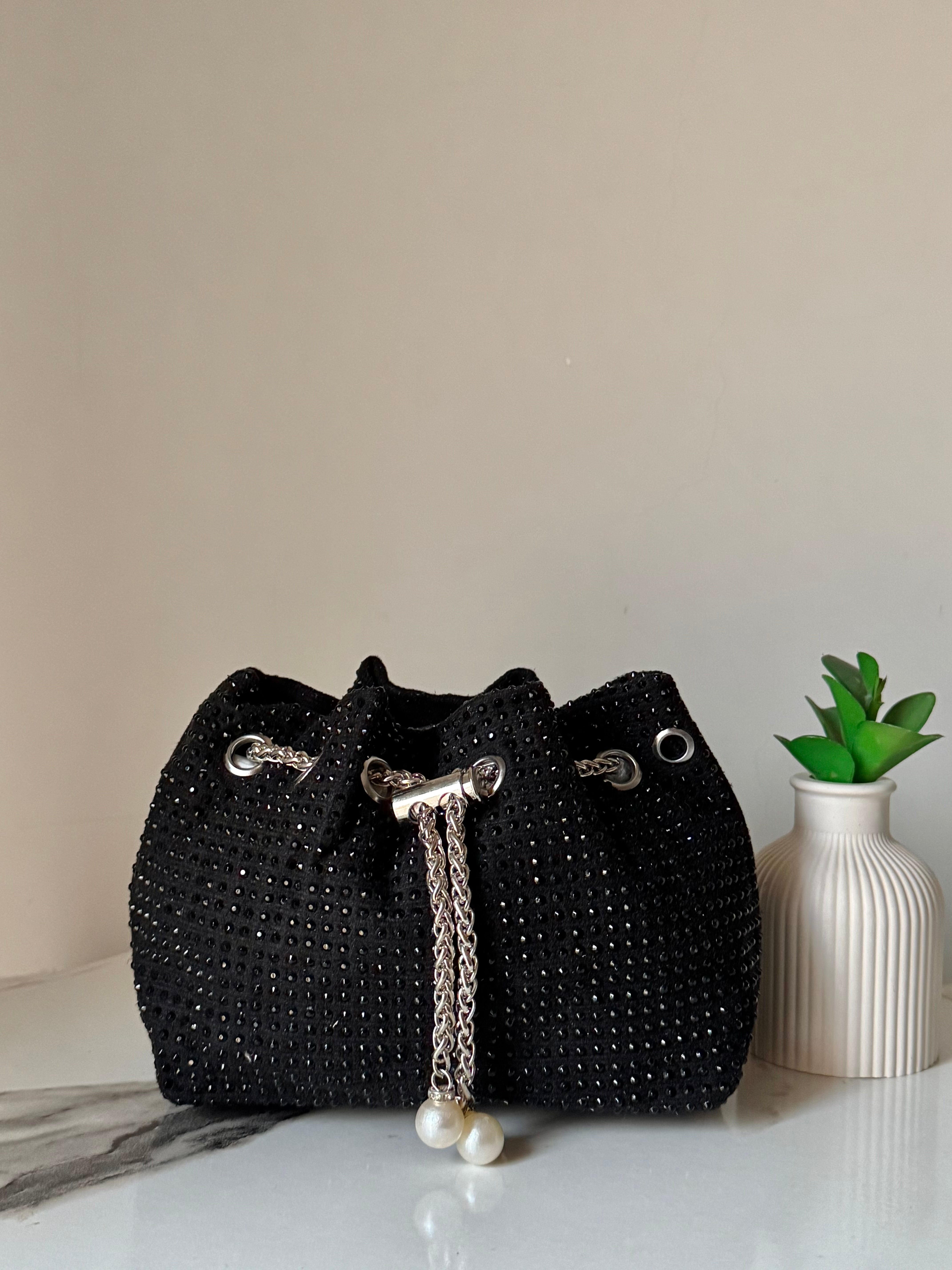 Mira Rhinestone Pouch with Long Chain (Black)