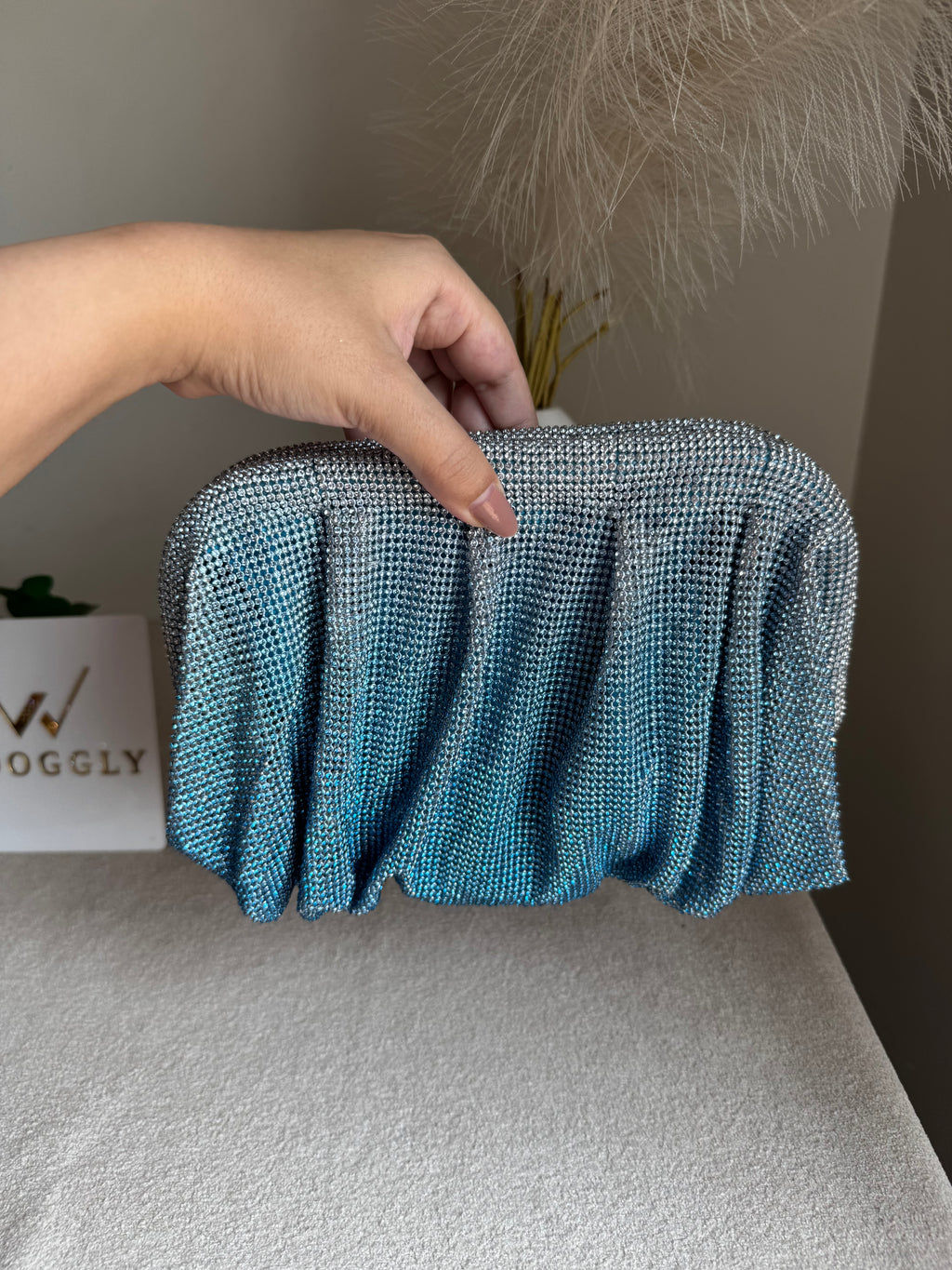 Viral High Quality Rhinestone Clutch with Chain - Blue