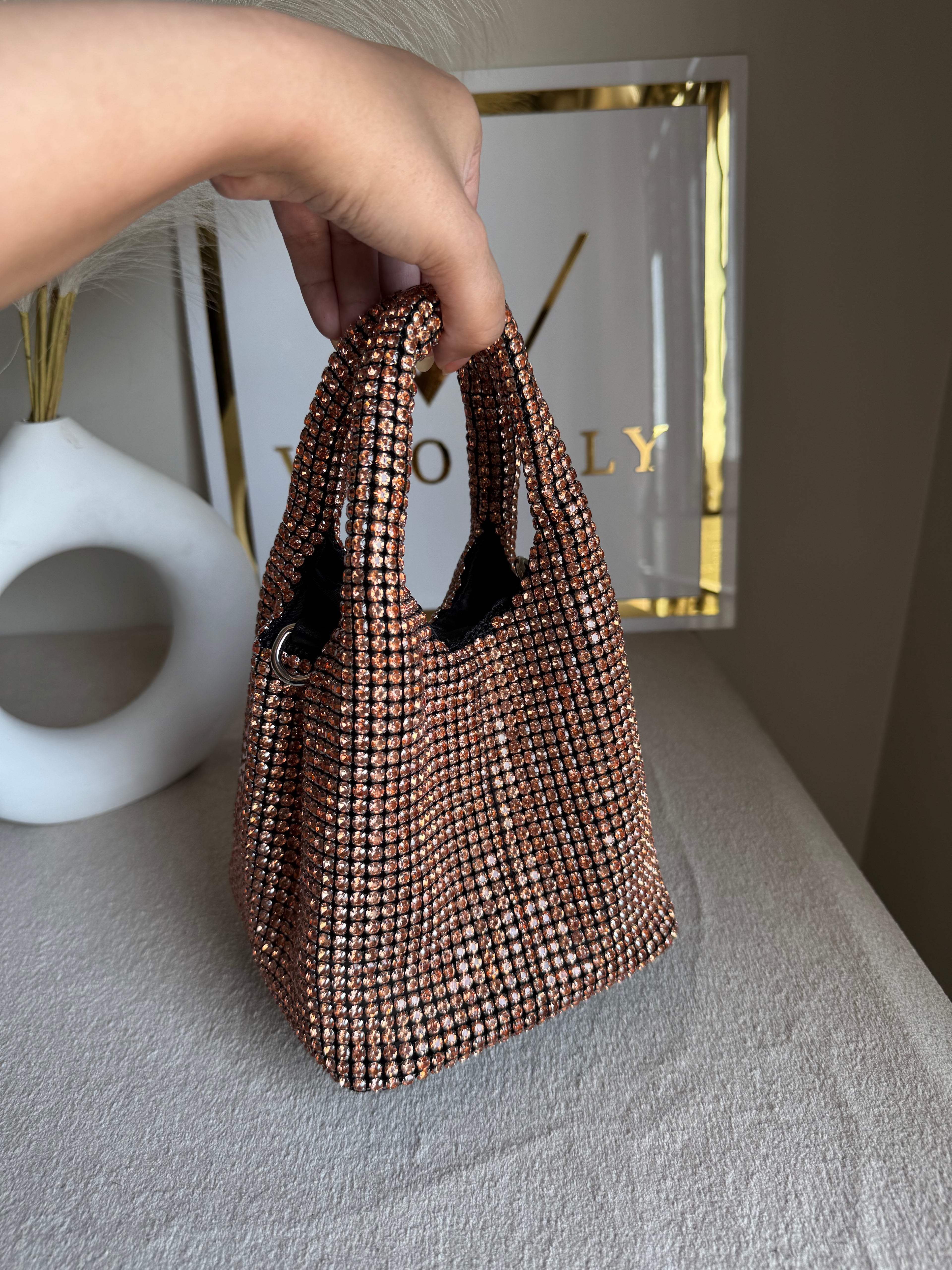 Party Wear Rhinestone Bucket Bag - Rose Gold