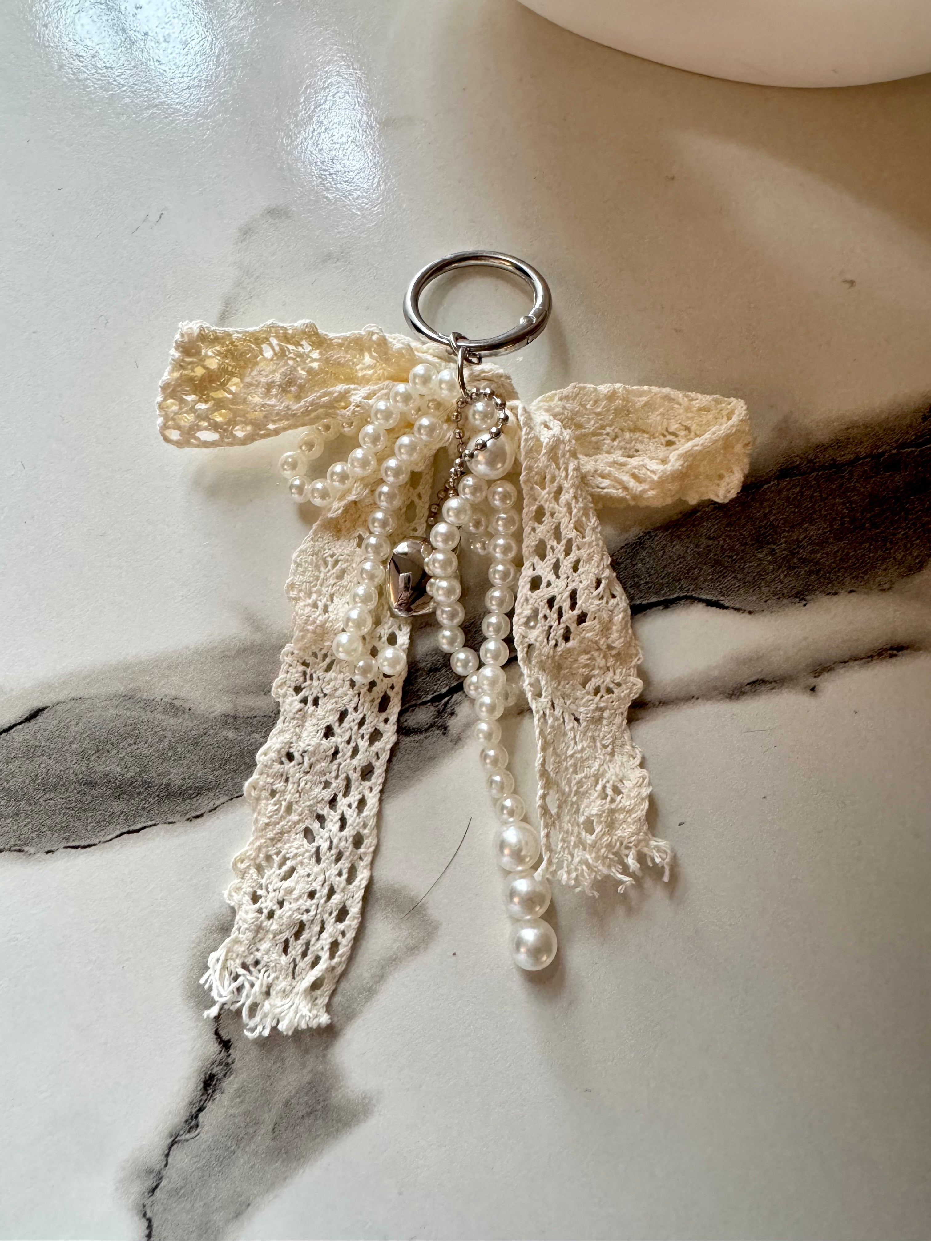 Pearl Heart Bow Bag Charm