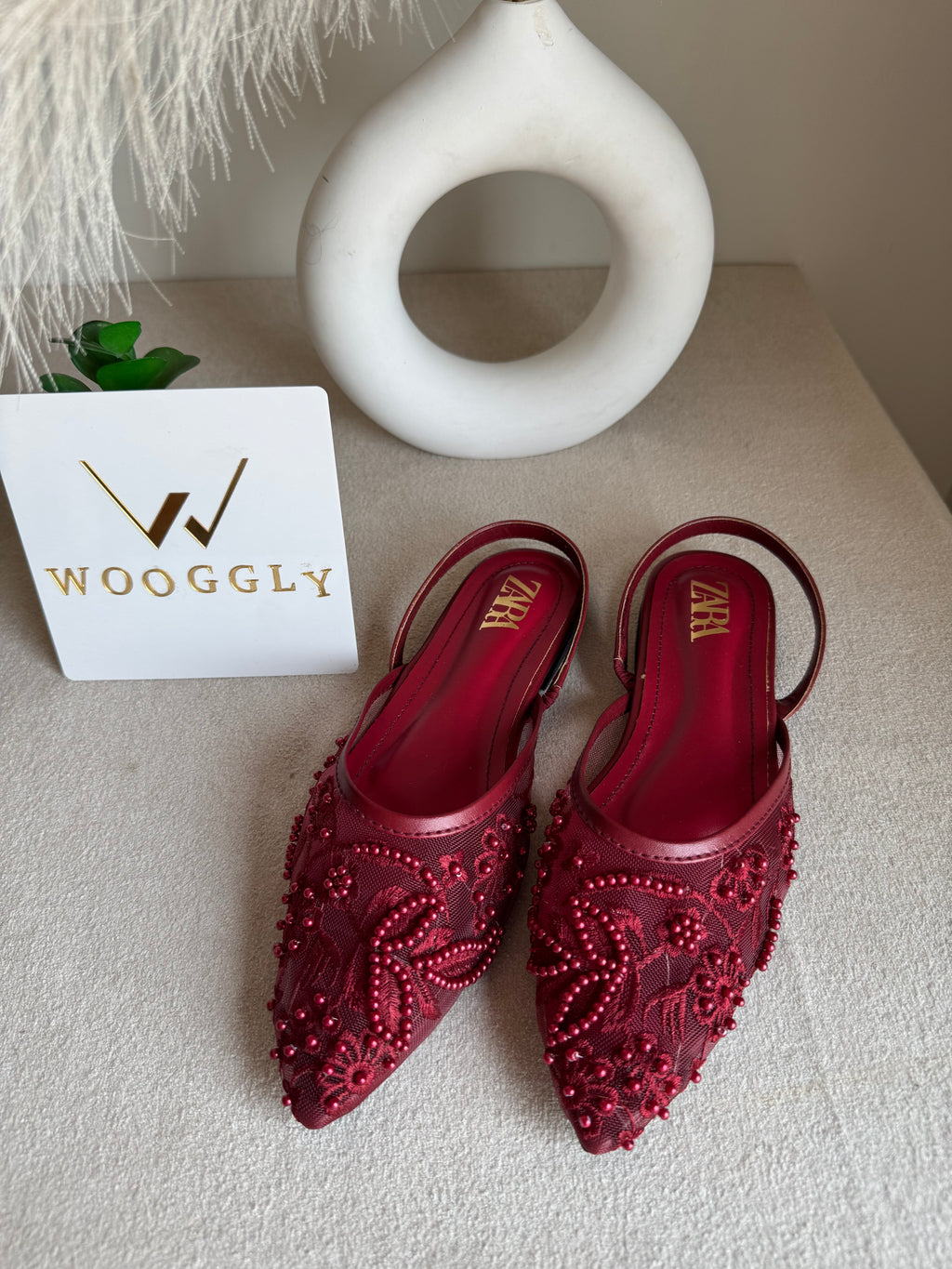 Zara Embroidered Mesh Slingback Flats  - Maroon