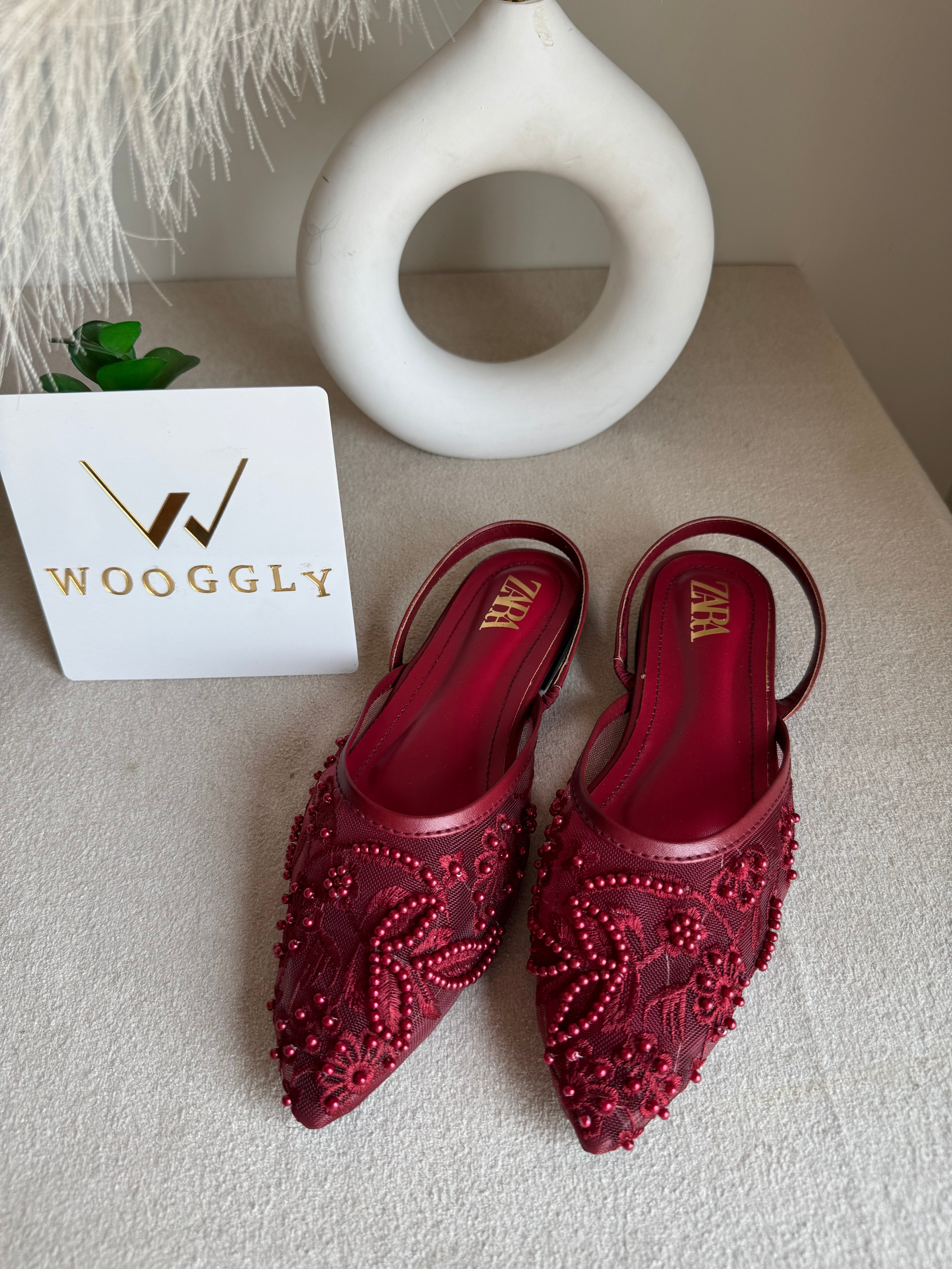 Zara Embroidered Mesh Slingback Flats  - Maroon