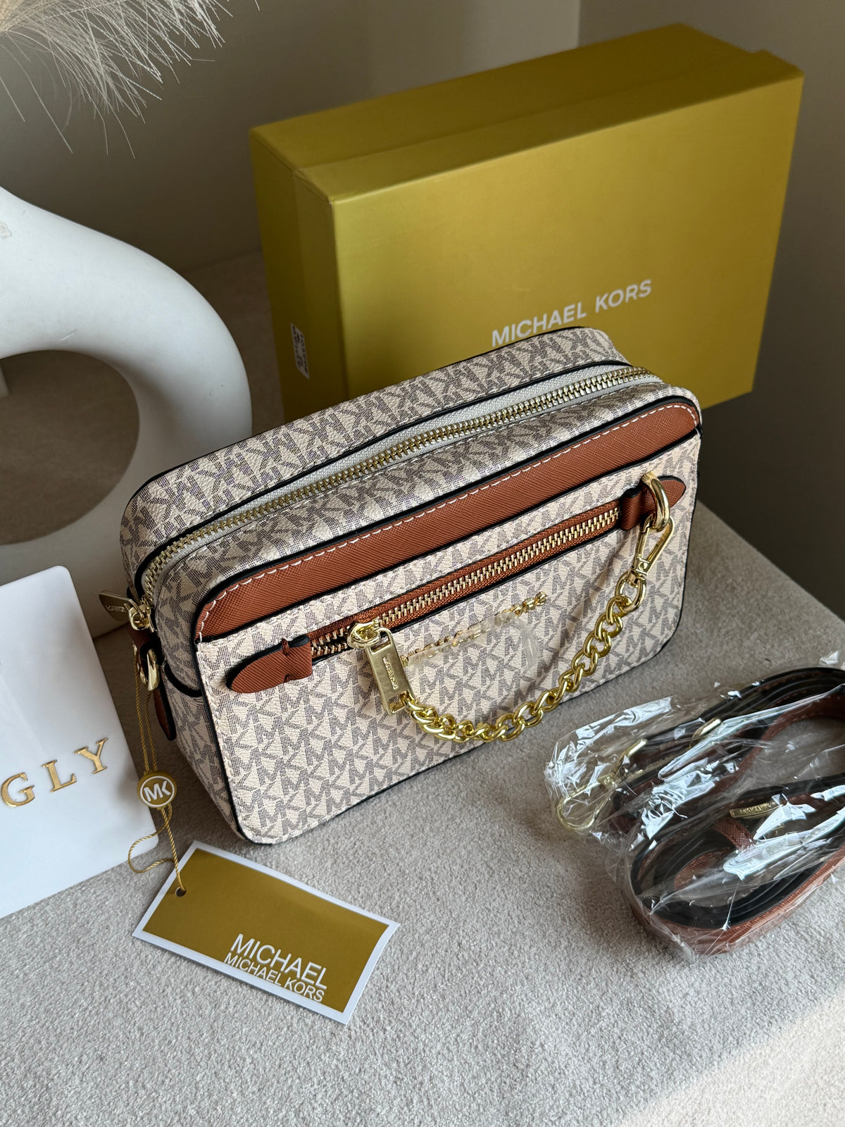 Premium MK Crossbody Bag with PROPER PACKING Cream