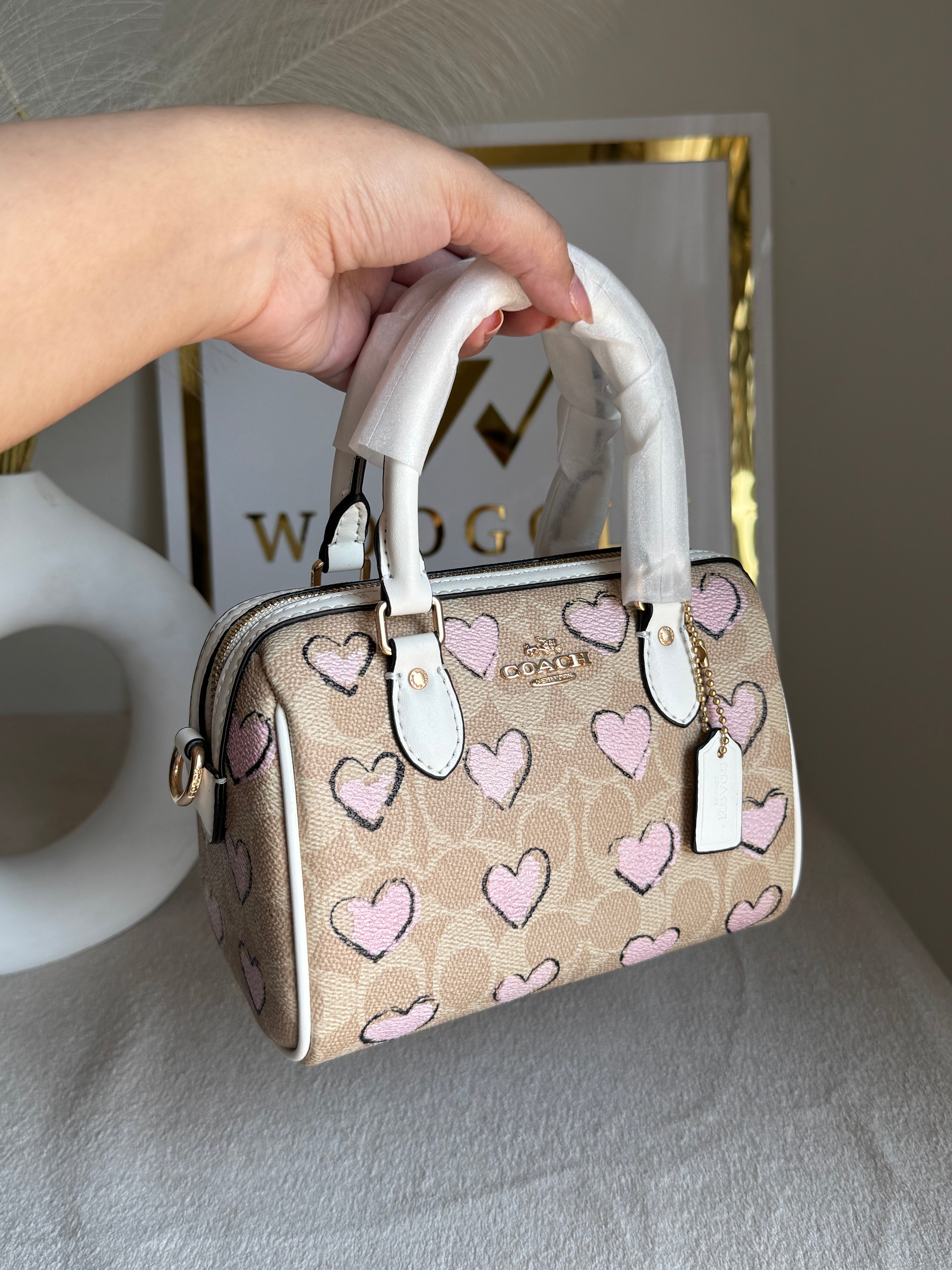 COACH Mini Duffle Bag PREMIUM with Long Strap (Baby Pink Hearts) - BOX PACKING