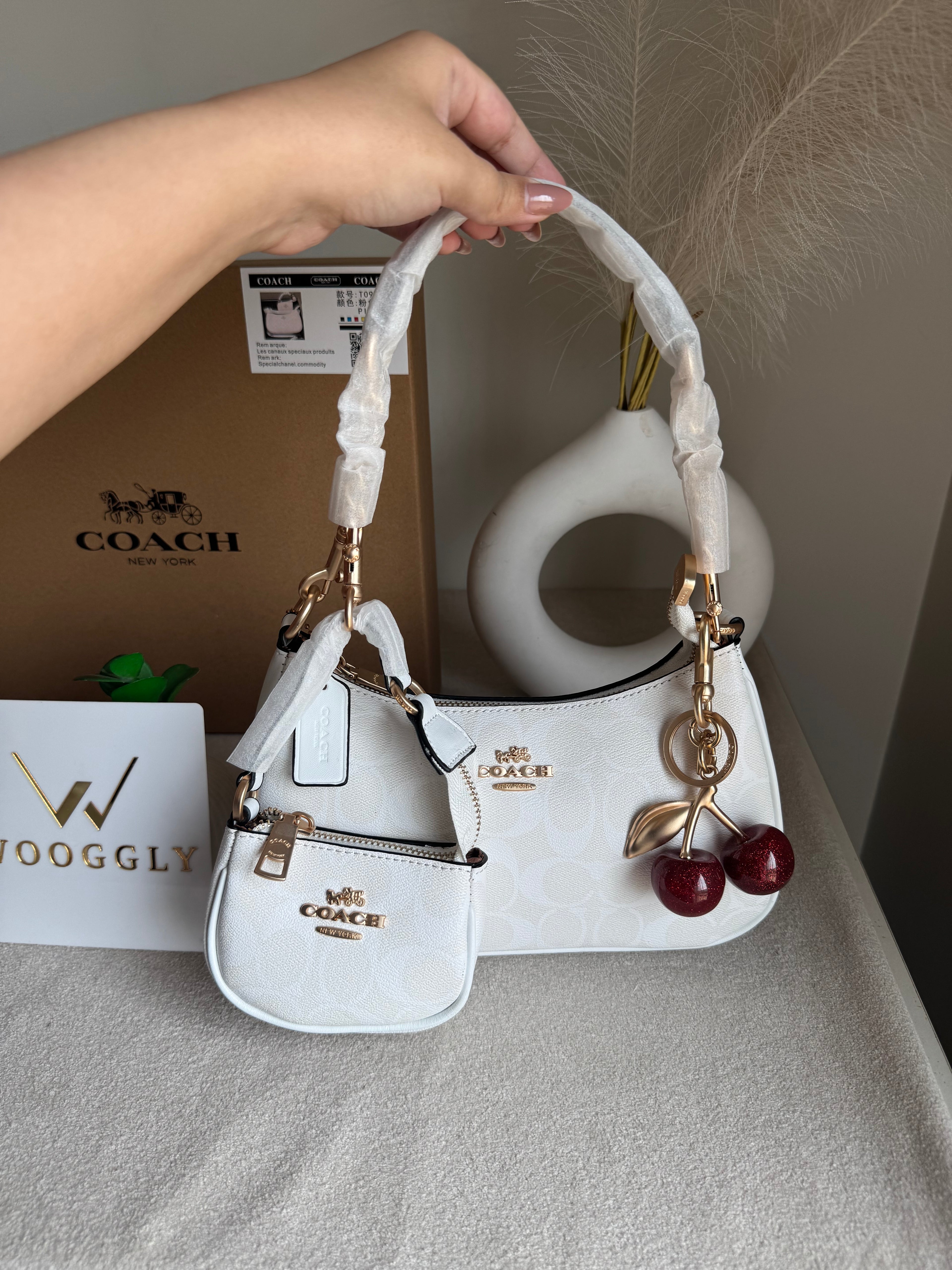 COACH Teri Gift Box with Baby Teri Charm & Coach Cherry Charm - Signature White