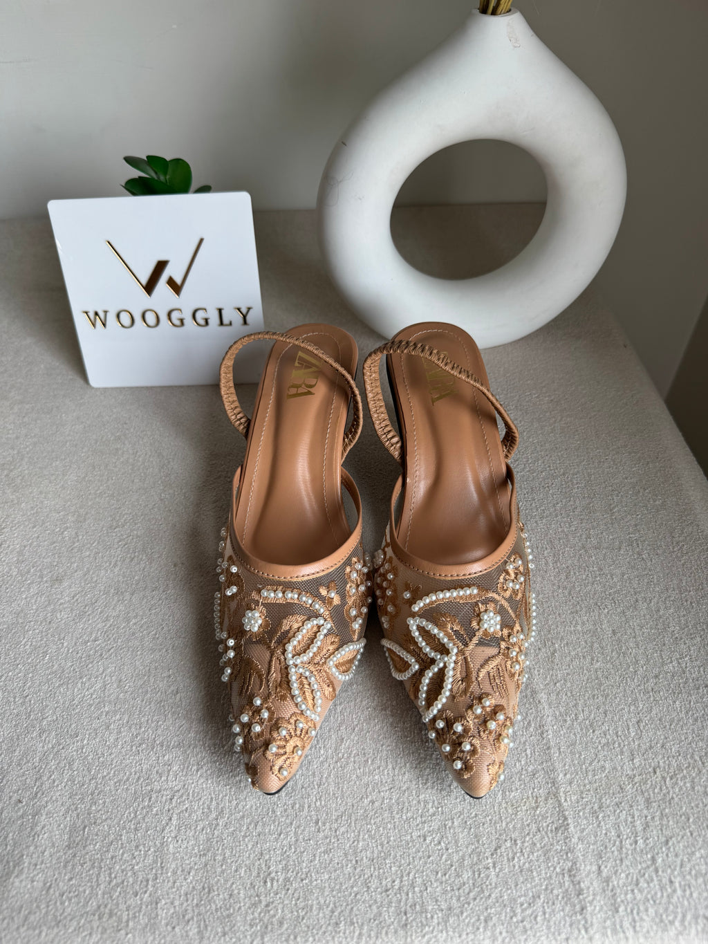 Zara Embroidered Net Heels - Beige