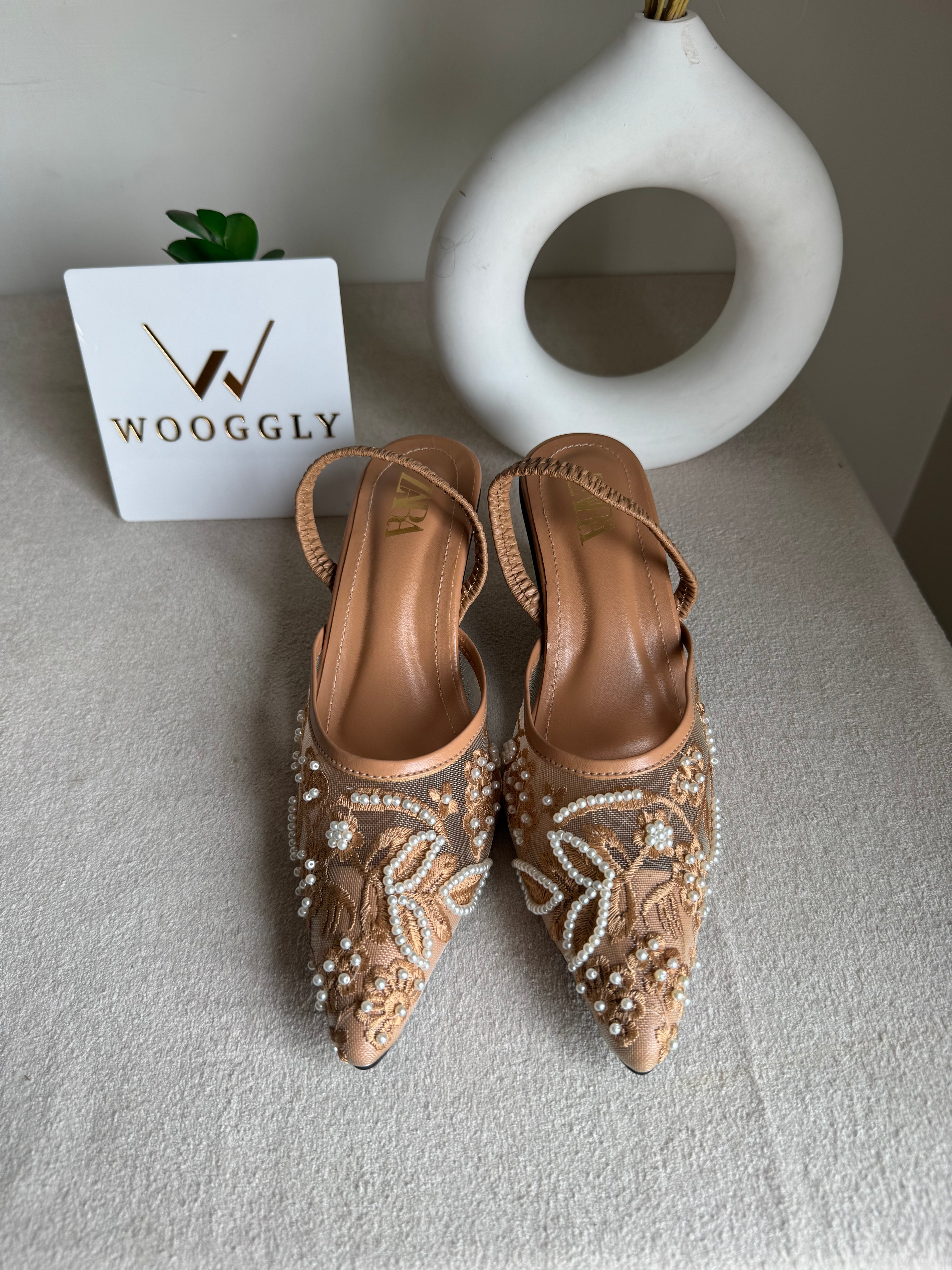Zara Embroidered Net Heels - Beige