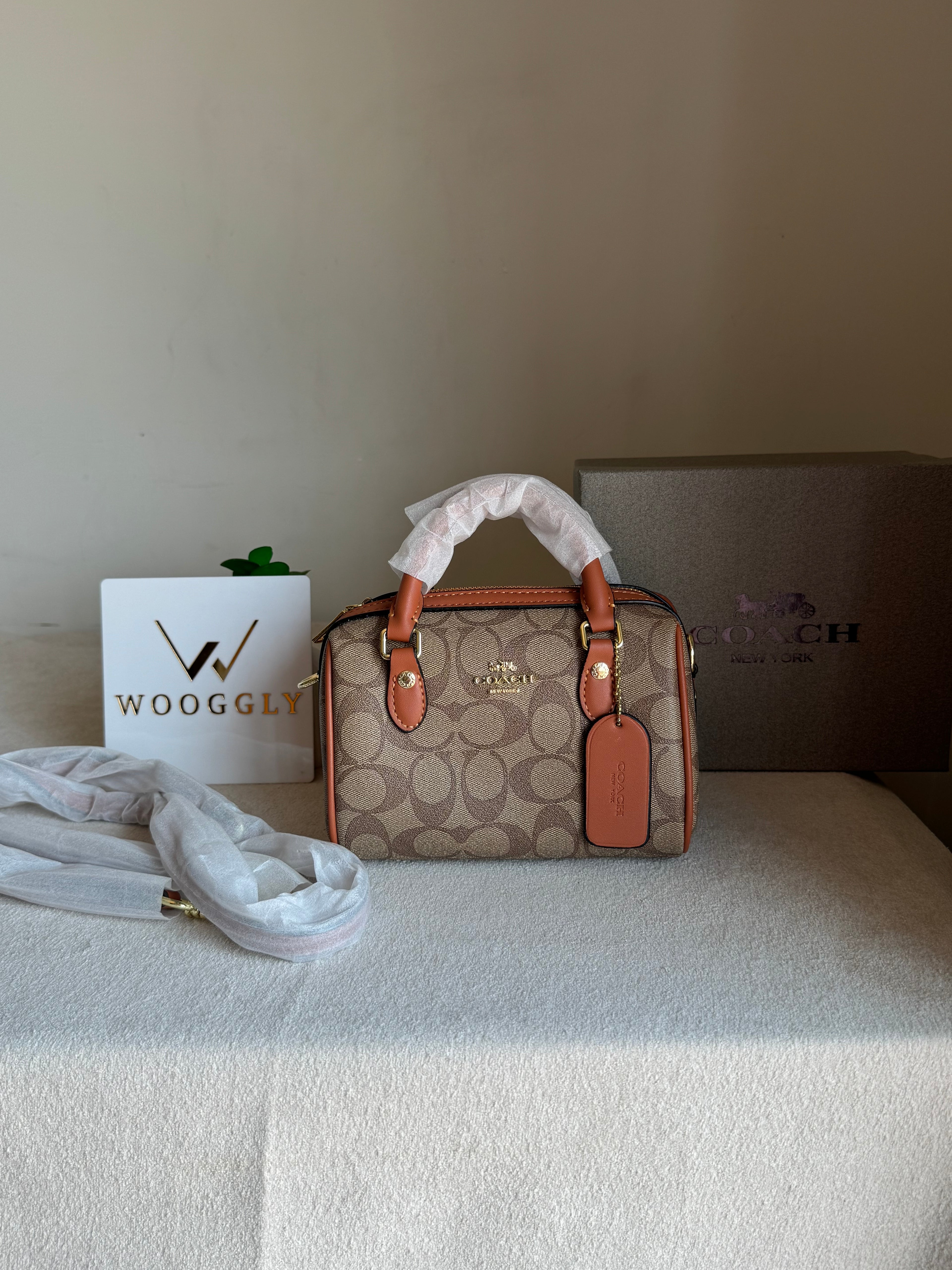 COACH Mini Duffle Bag PREMIUM with Long Strap Apricot Brown - BOX PACKING
