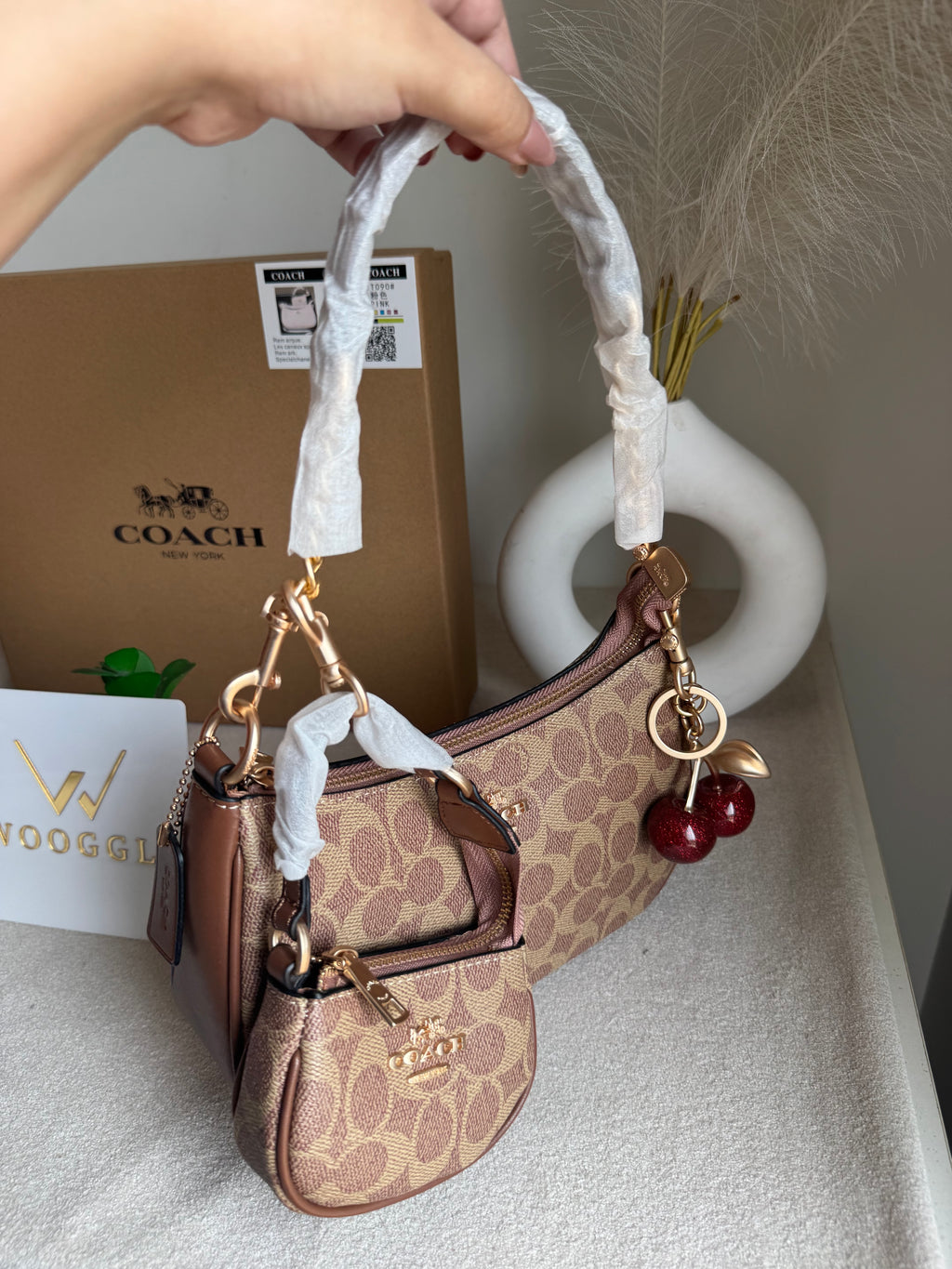 COACH Teri Gift Box with Baby Teri Charm & Coach Cherry Charm - Apricot Brown