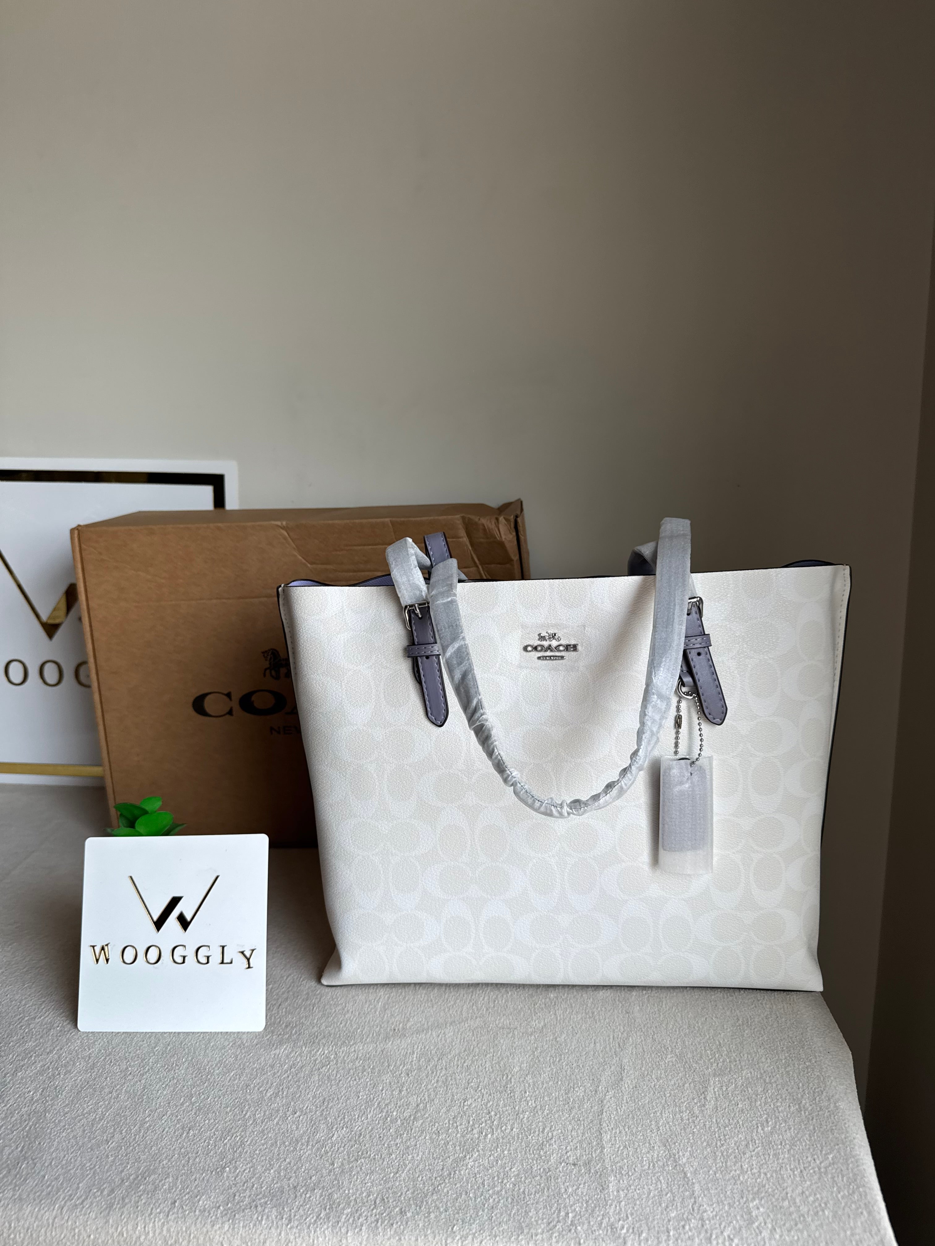 EXTREMELY PREMIUM COACH Mollie Tote Bag - Signature White & Lilac (BOX PACKING)