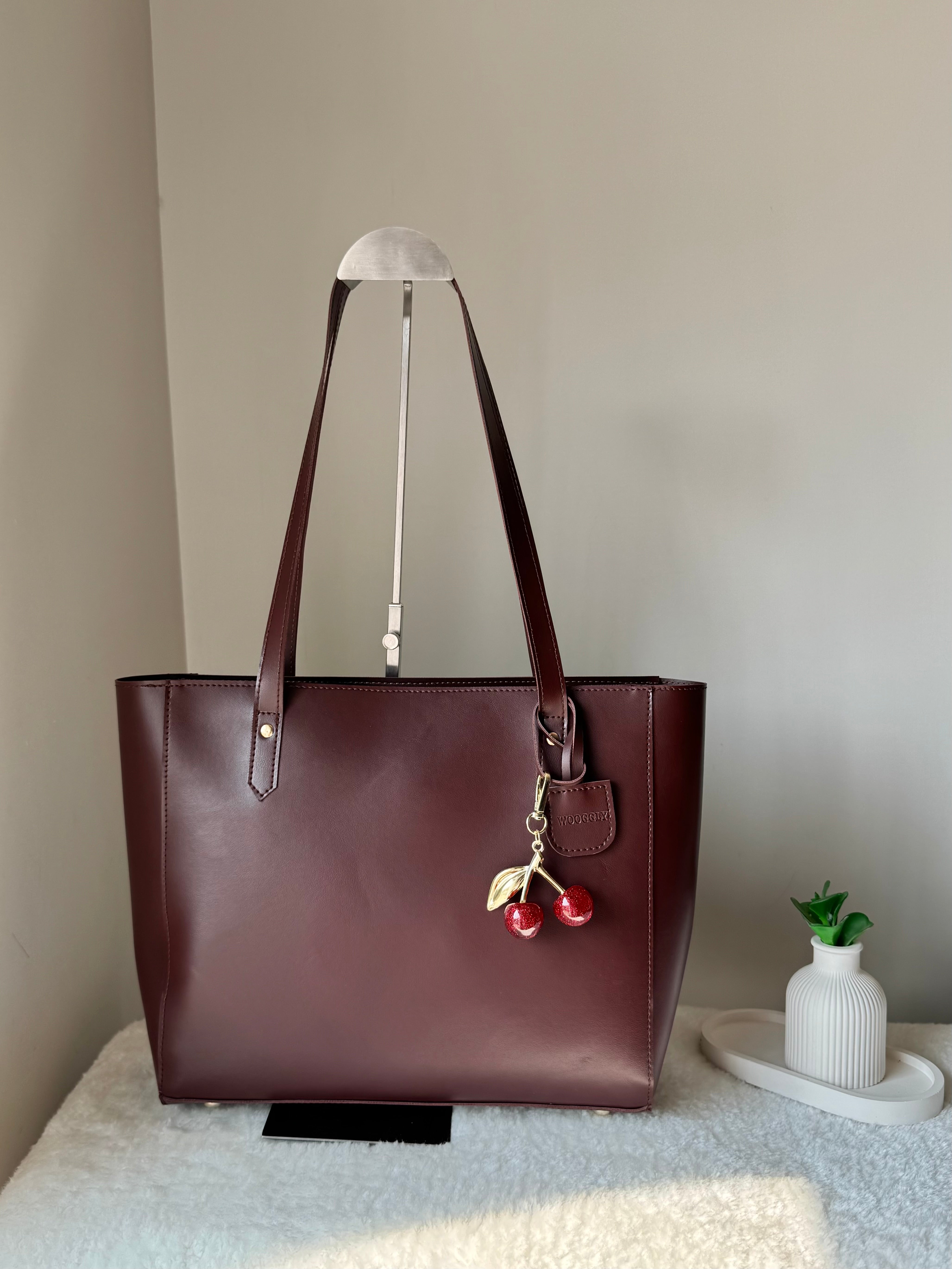 Wooggly Signature Tote Bag with Cherry Charm - Chocolate Brown