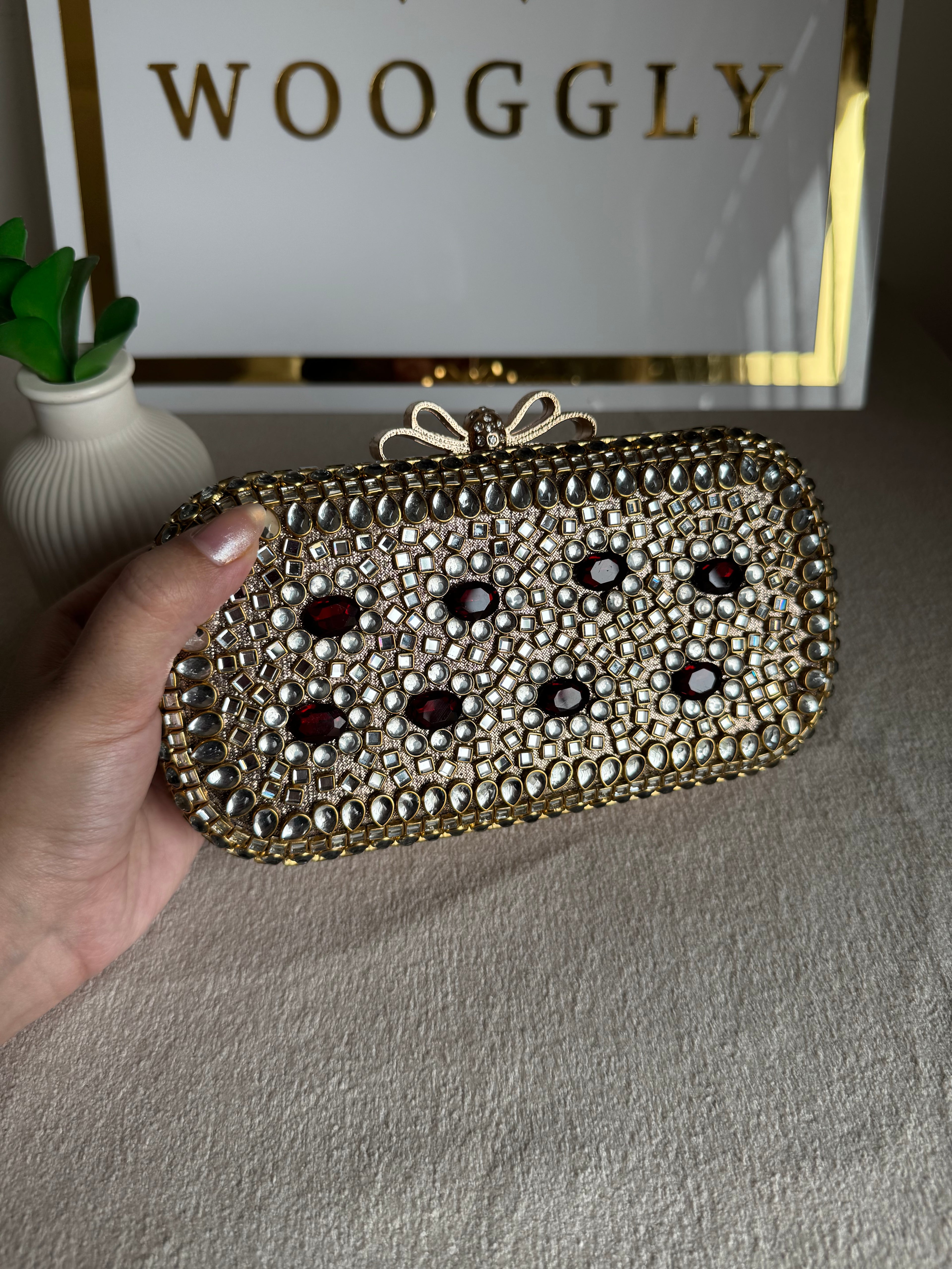 Kundan Stone Clutch - Maroon Stones