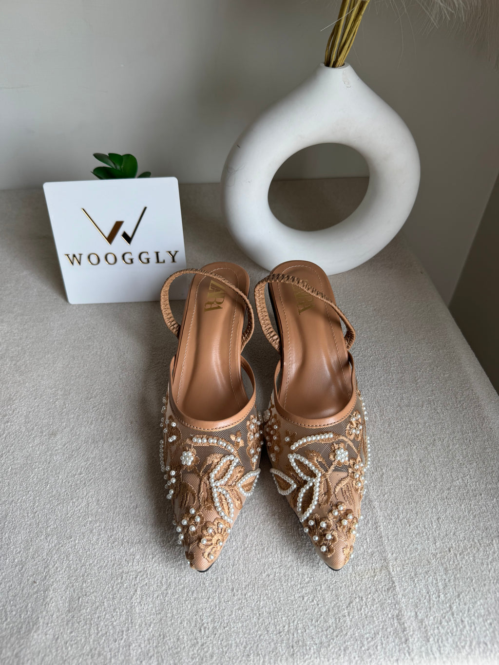 Zara Embroidered Net Heels - Beige